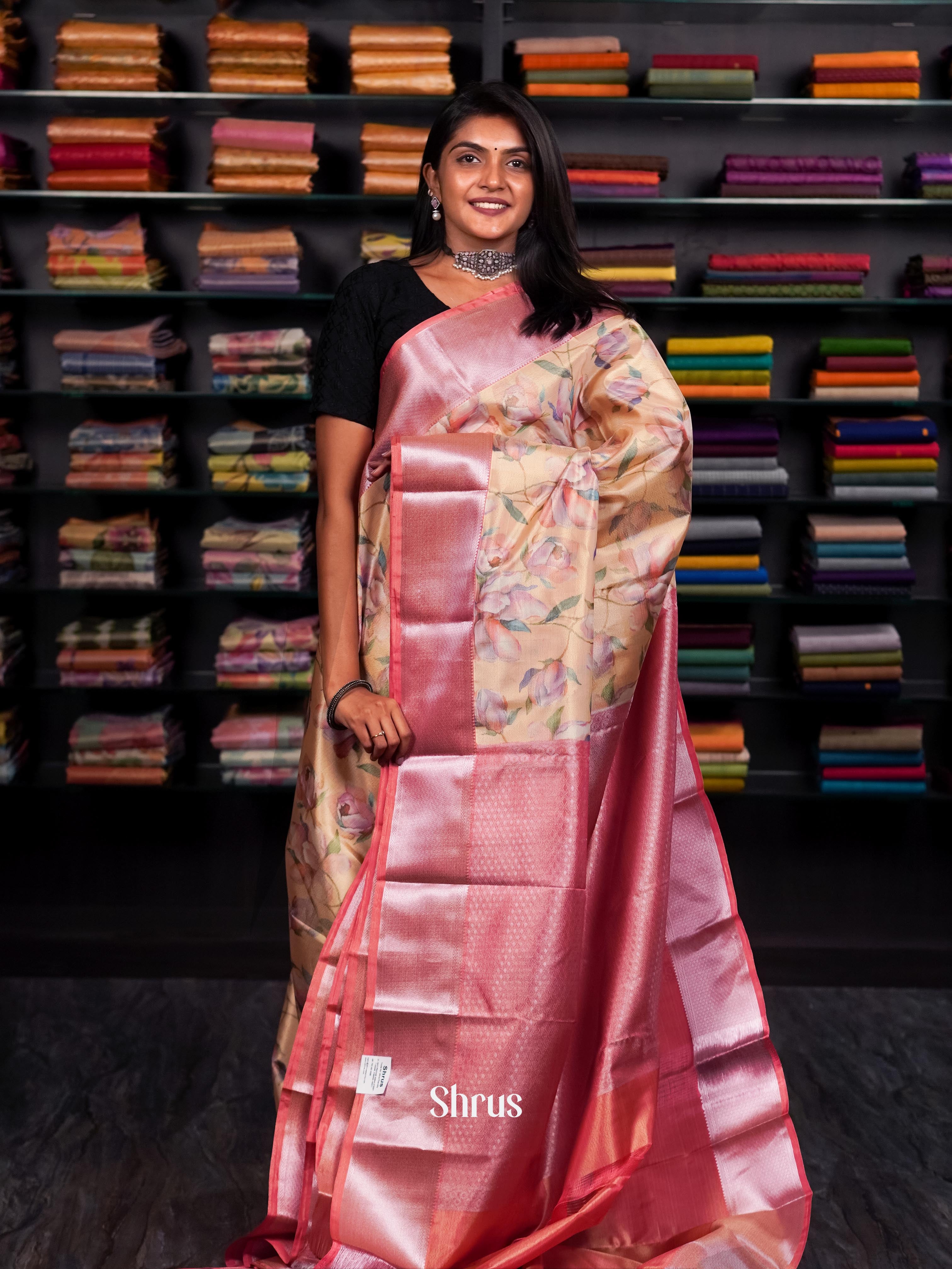 Biege - Kanchipuram-halfpure saree