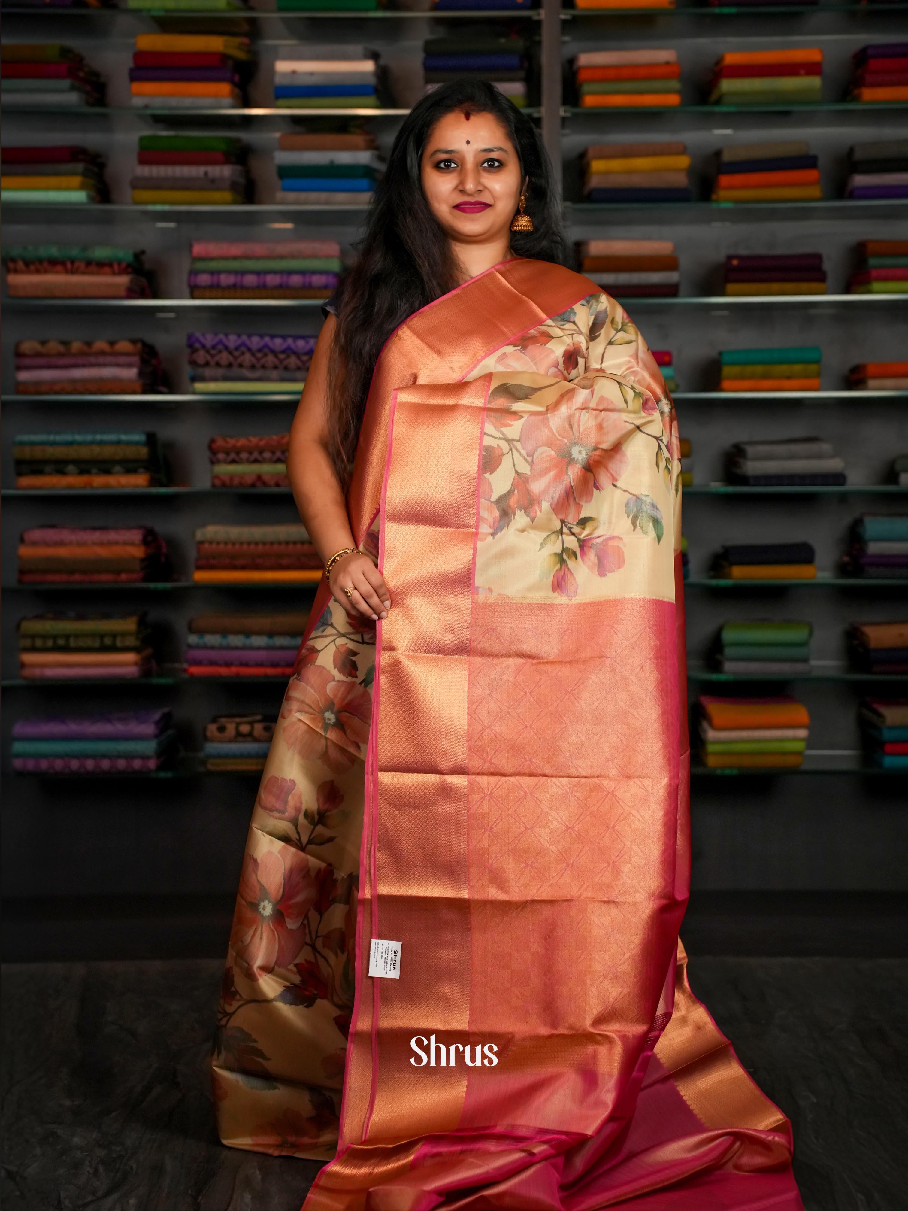 Pale Orange & Maroon - Kanchipuram-halfpure Saree