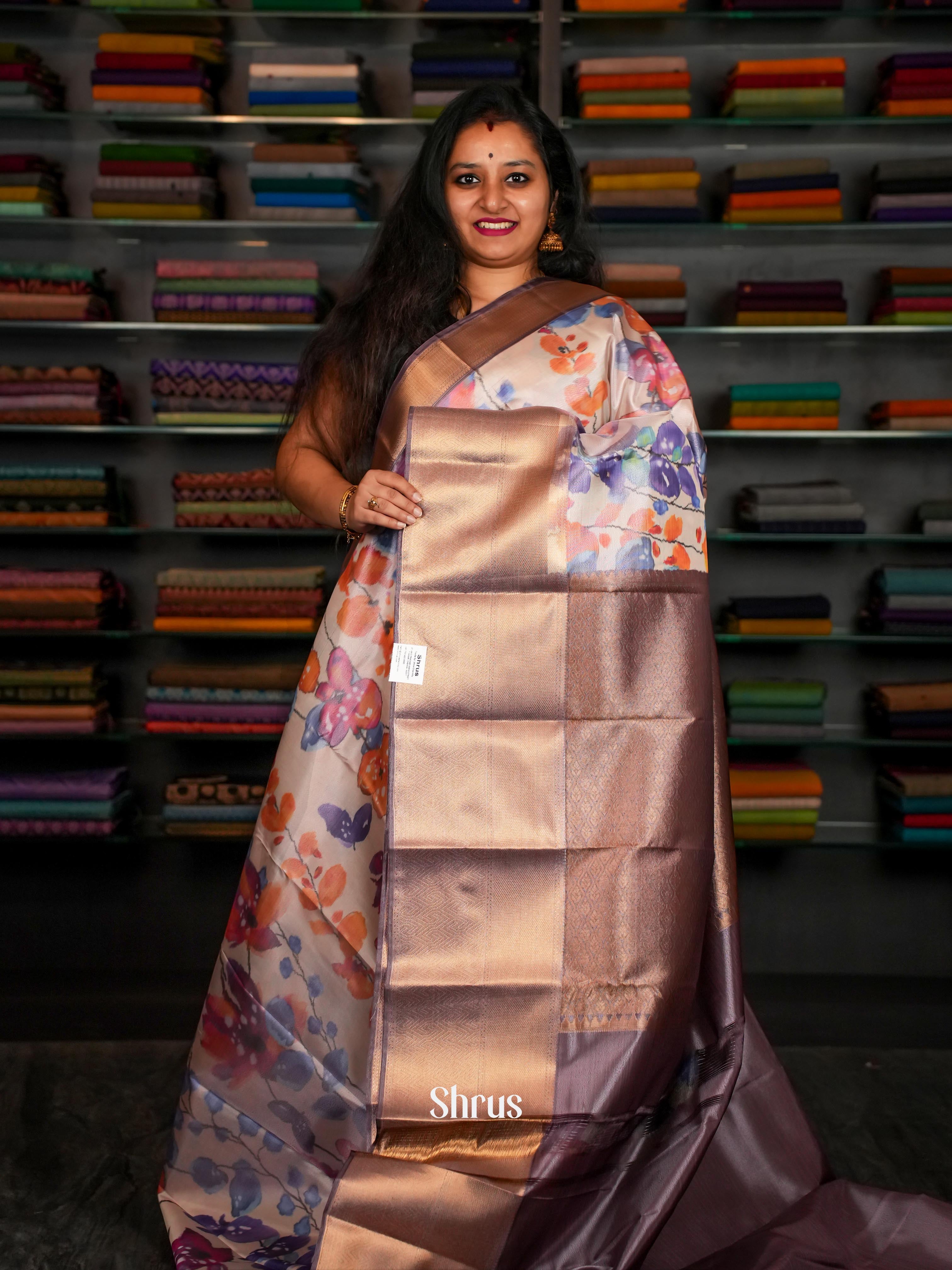 Cream & Brown - Kanchipuram-halfpure Saree