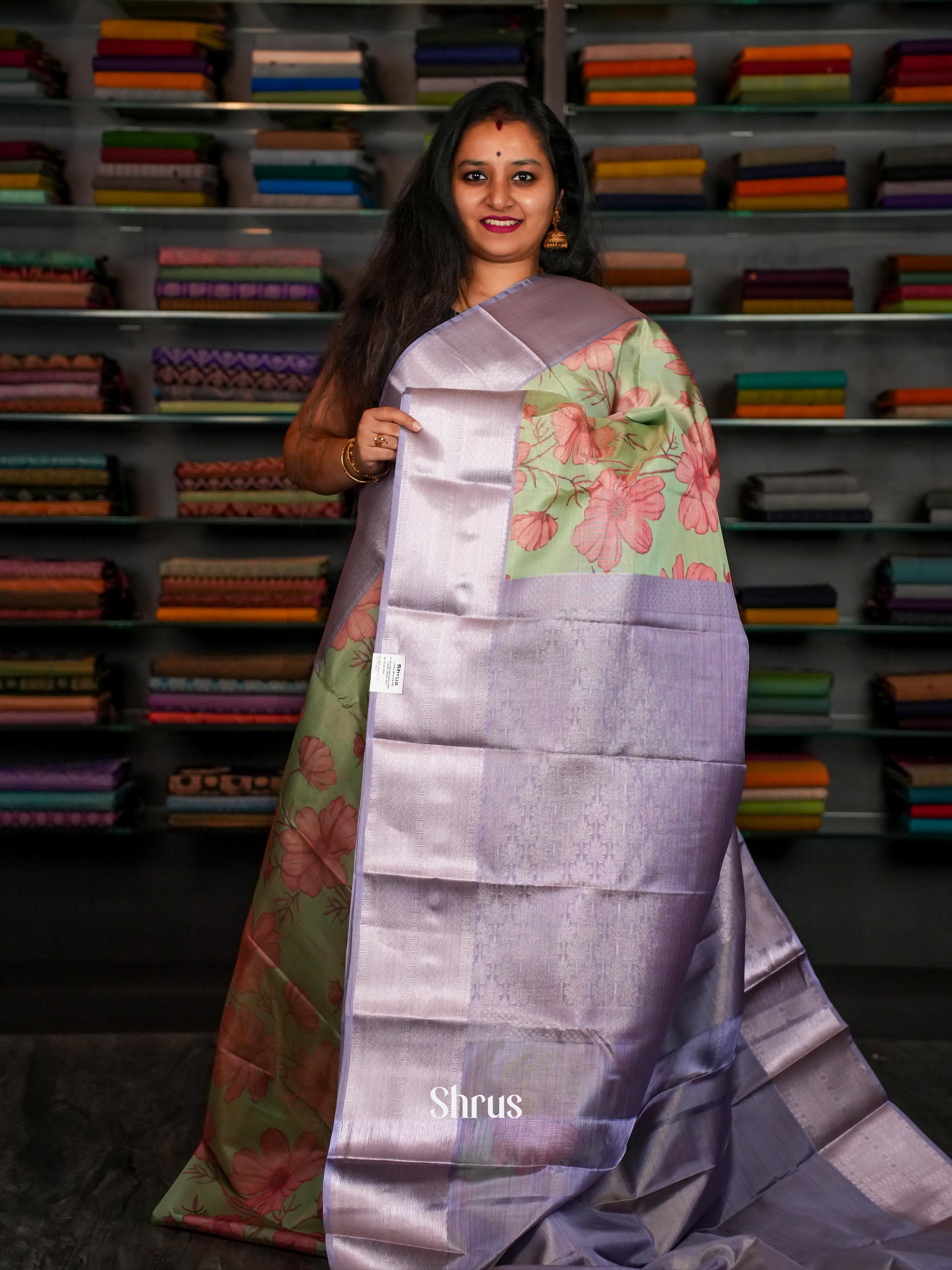 Green & Mild Lavender - Kanchipuram-halfpure Saree