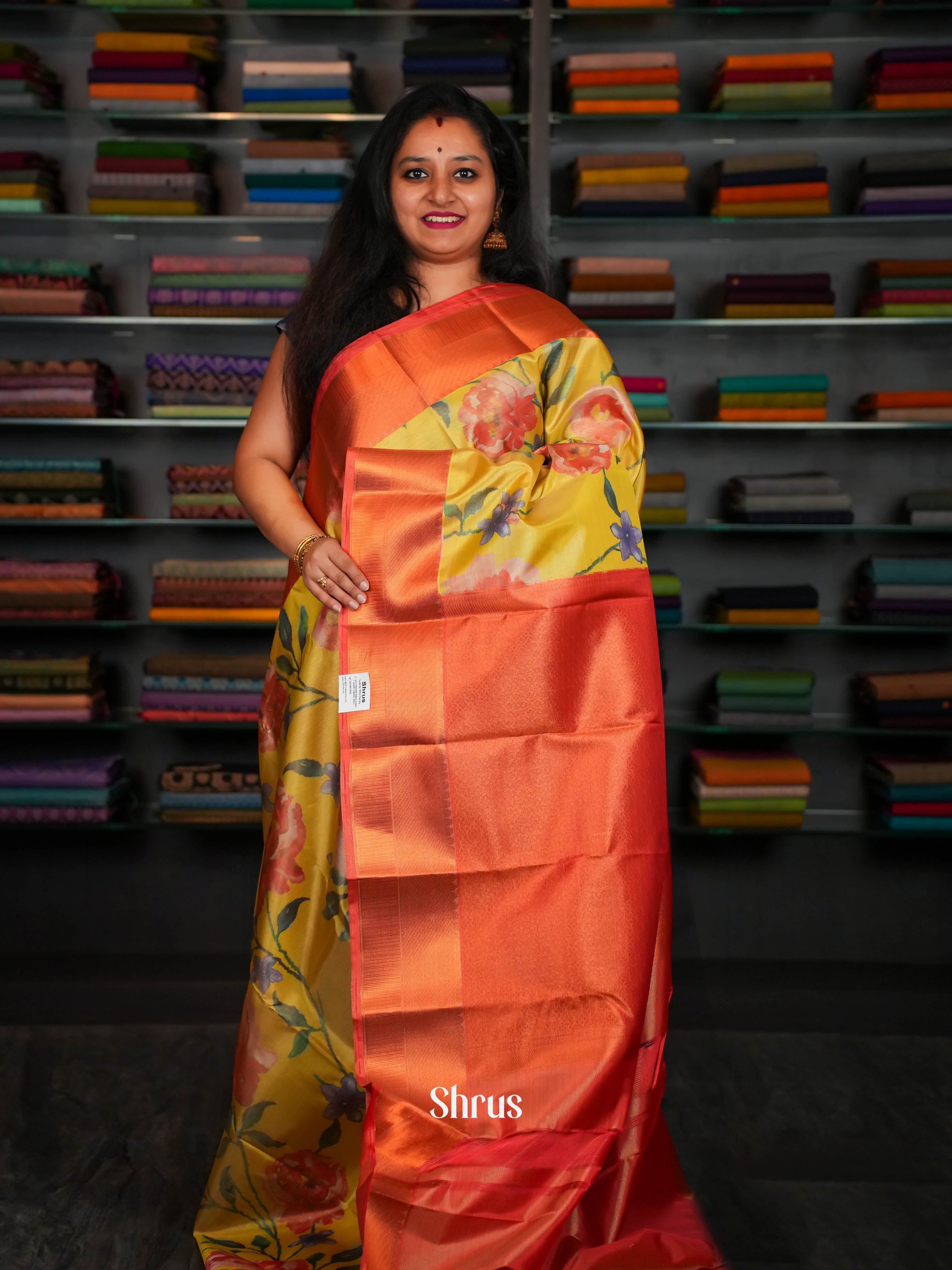 Mustard & Red - Kanchipuram-halfpure Saree