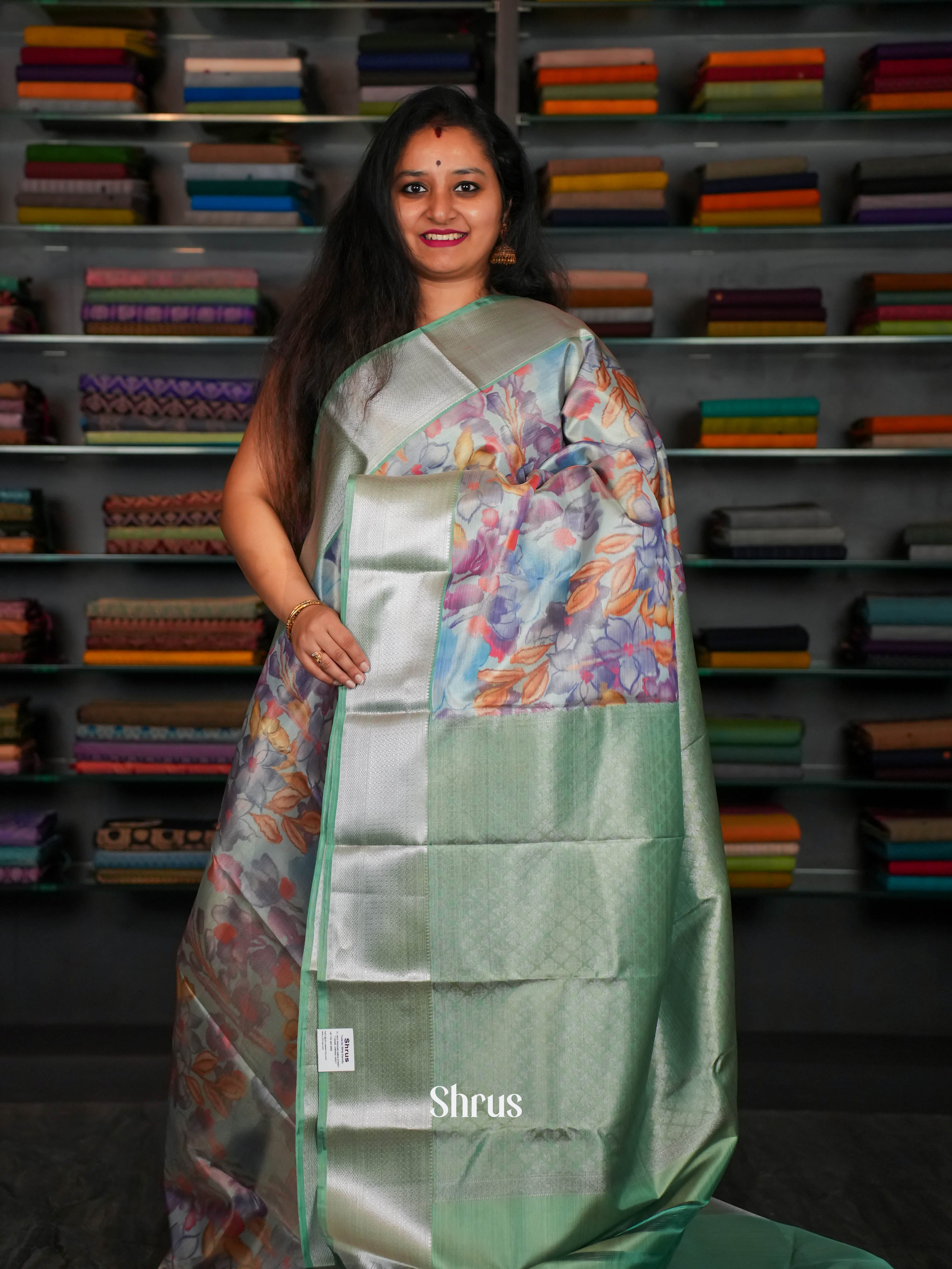 Grey & Pastel Green - Kanchipuram-halfpure Saree