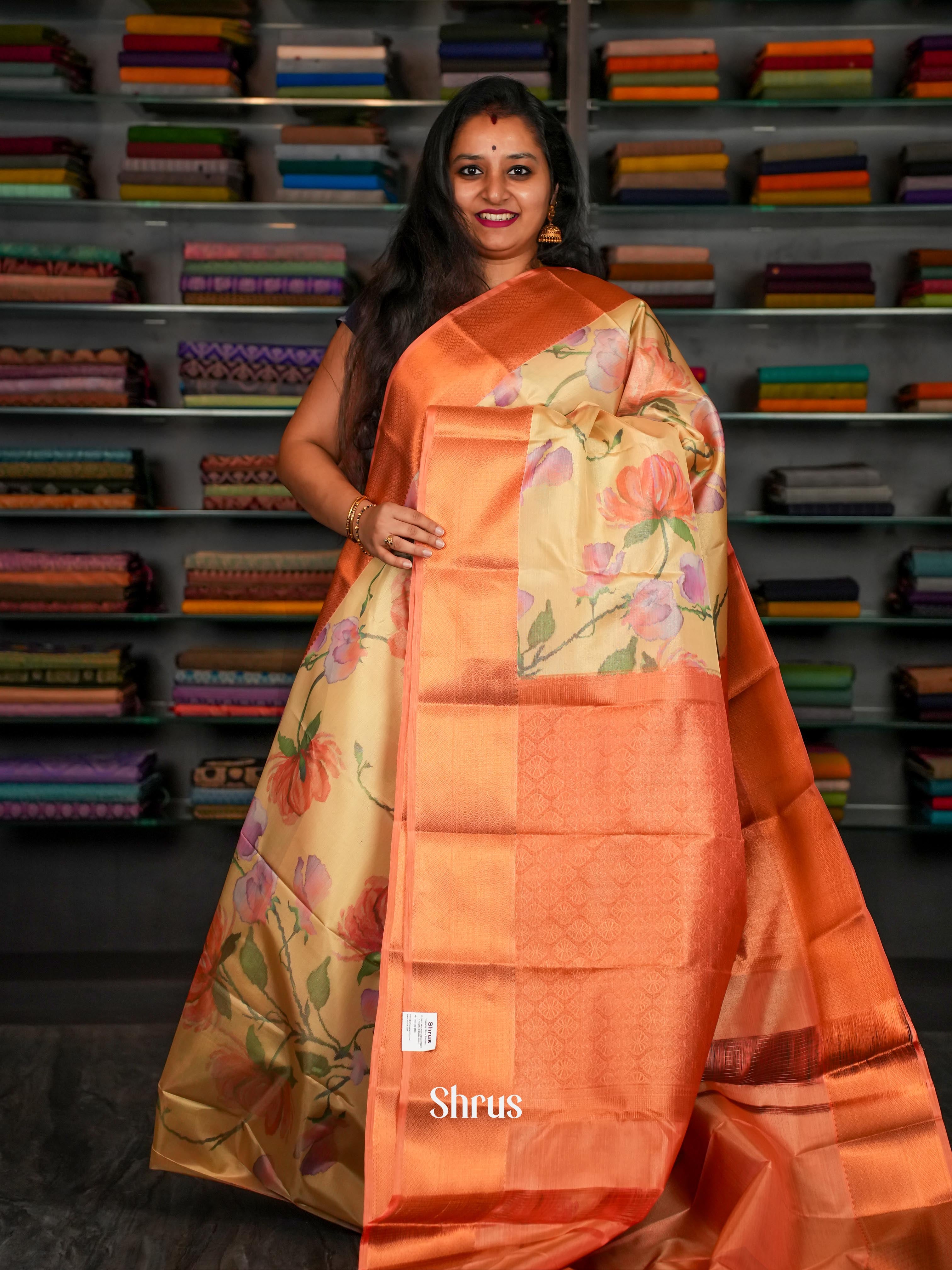 Pale  Orange & Brick - Kanchipuram-halfpure Saree