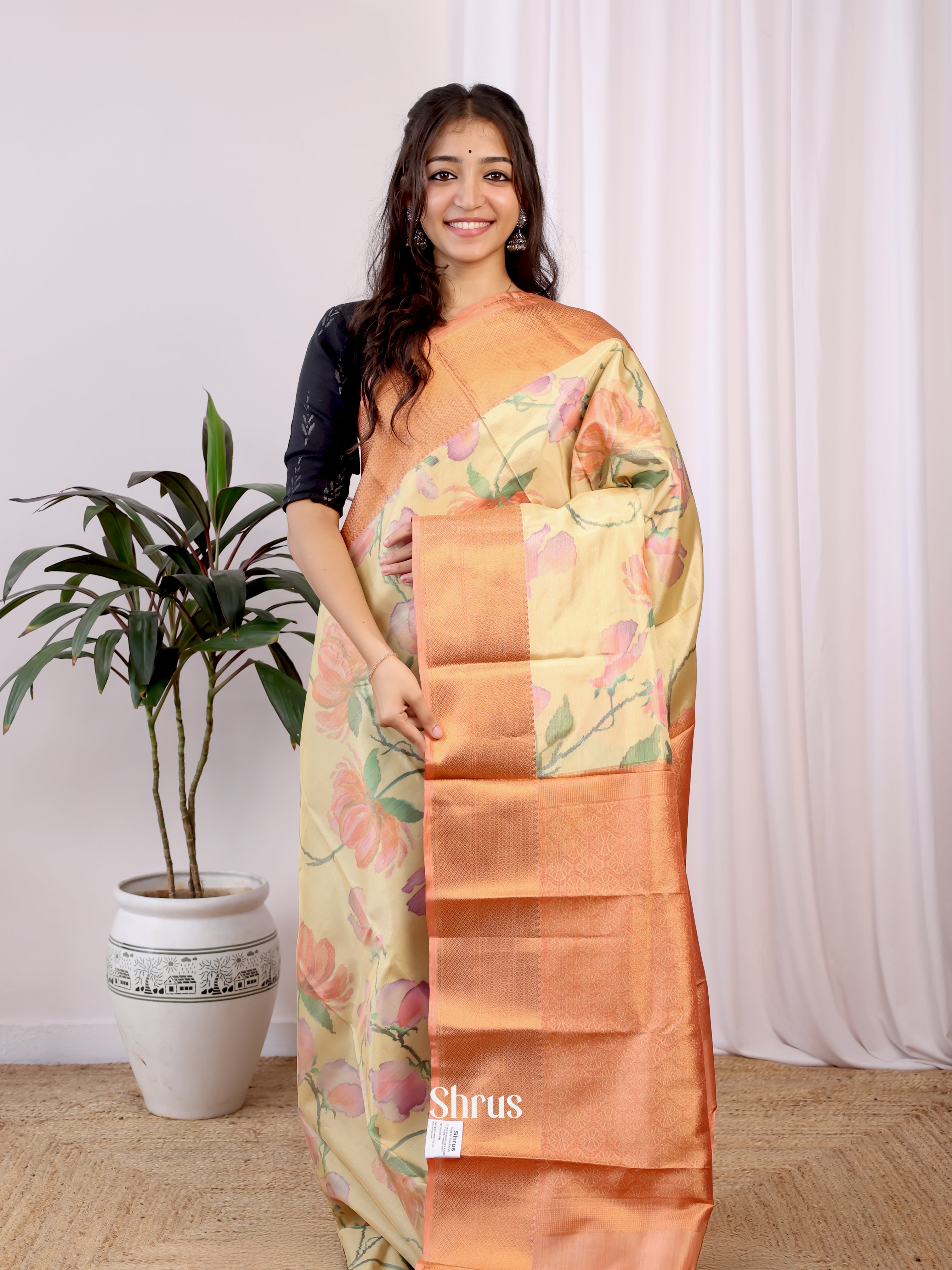 Pale  Orange & Brick - Kanchipuram-halfpure Saree