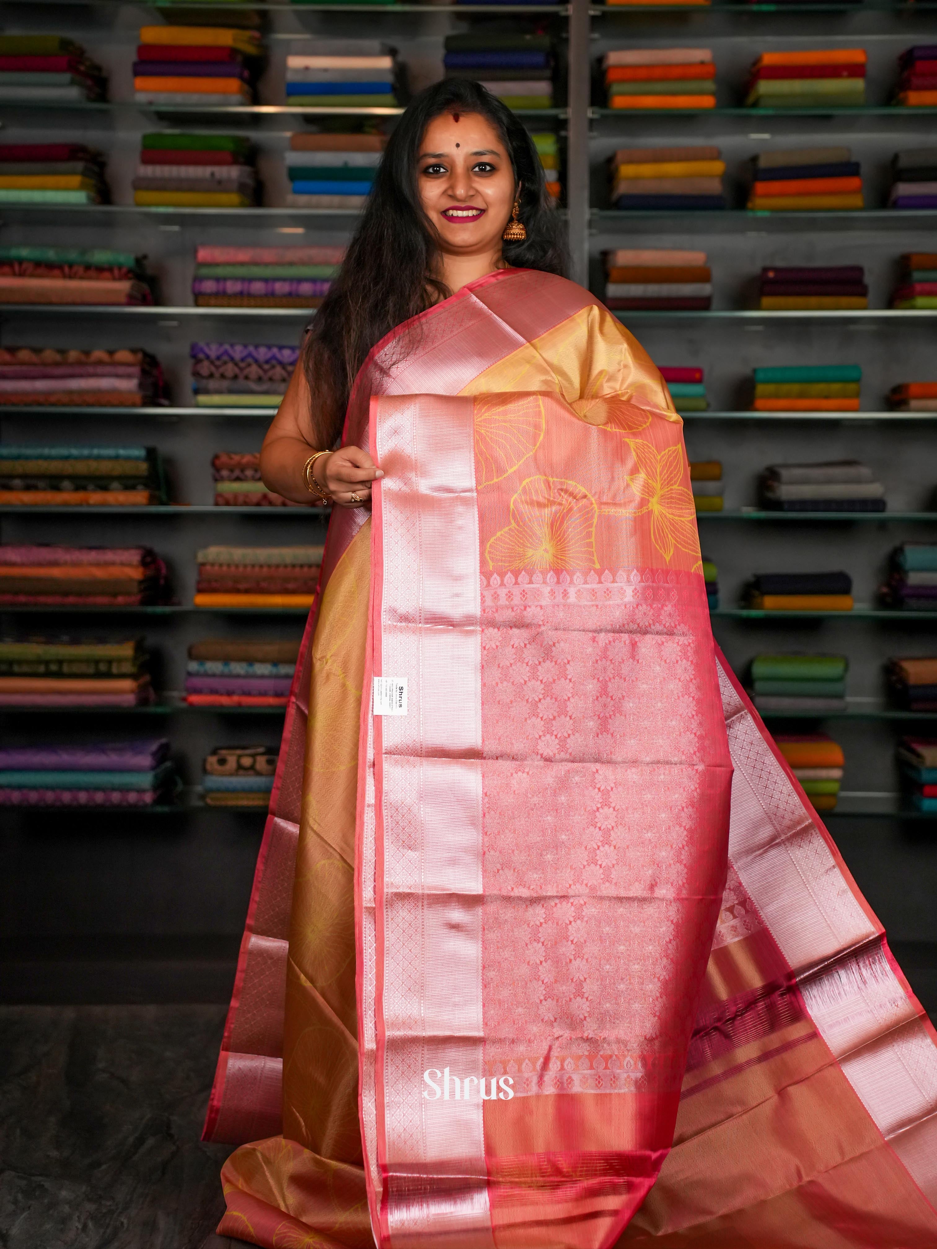 Orange &  Double Shaded Pink - Kanchipuram-halfpure Saree