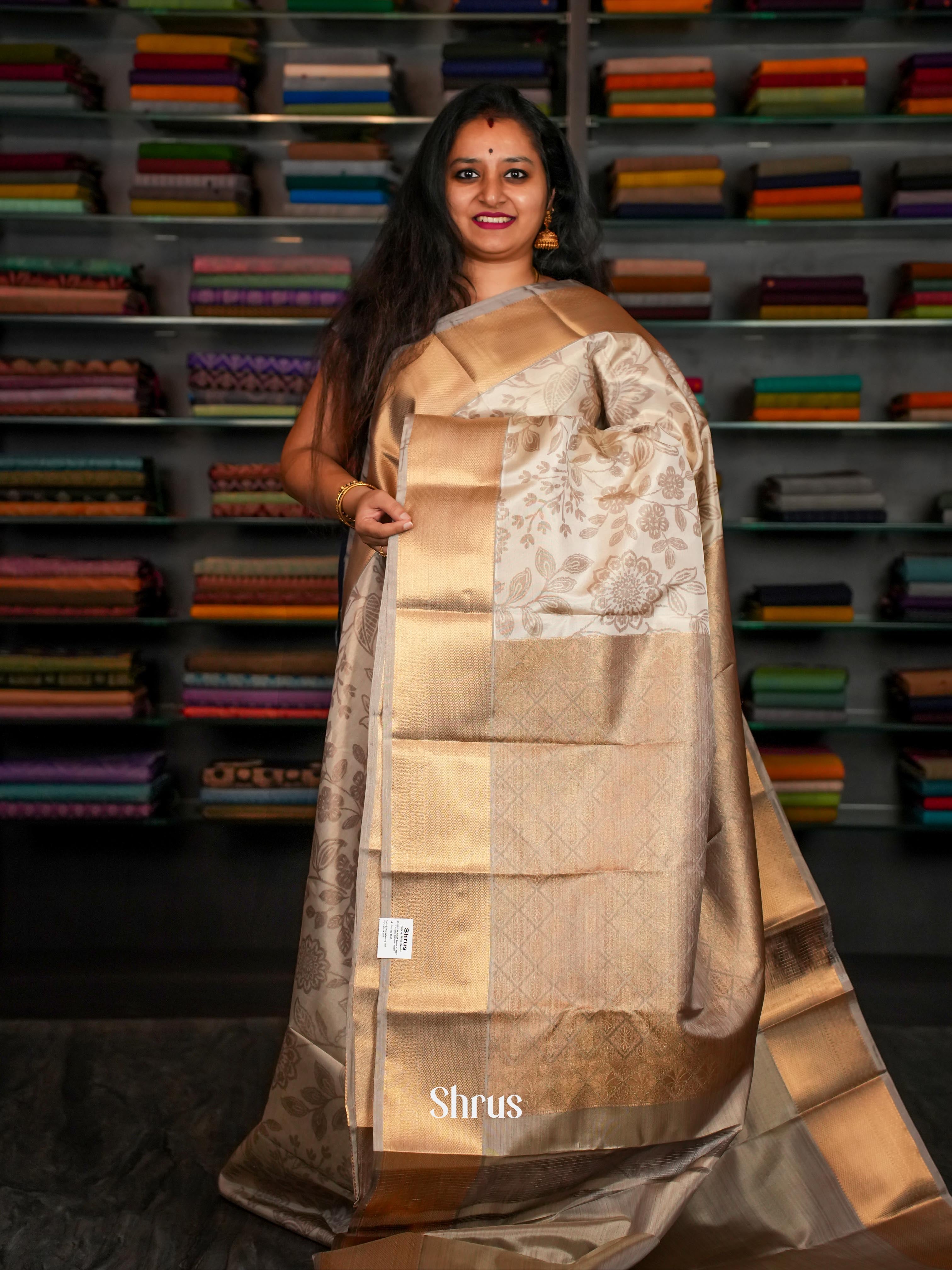 Cream & Grey - Kanchipuram-halfpure Saree