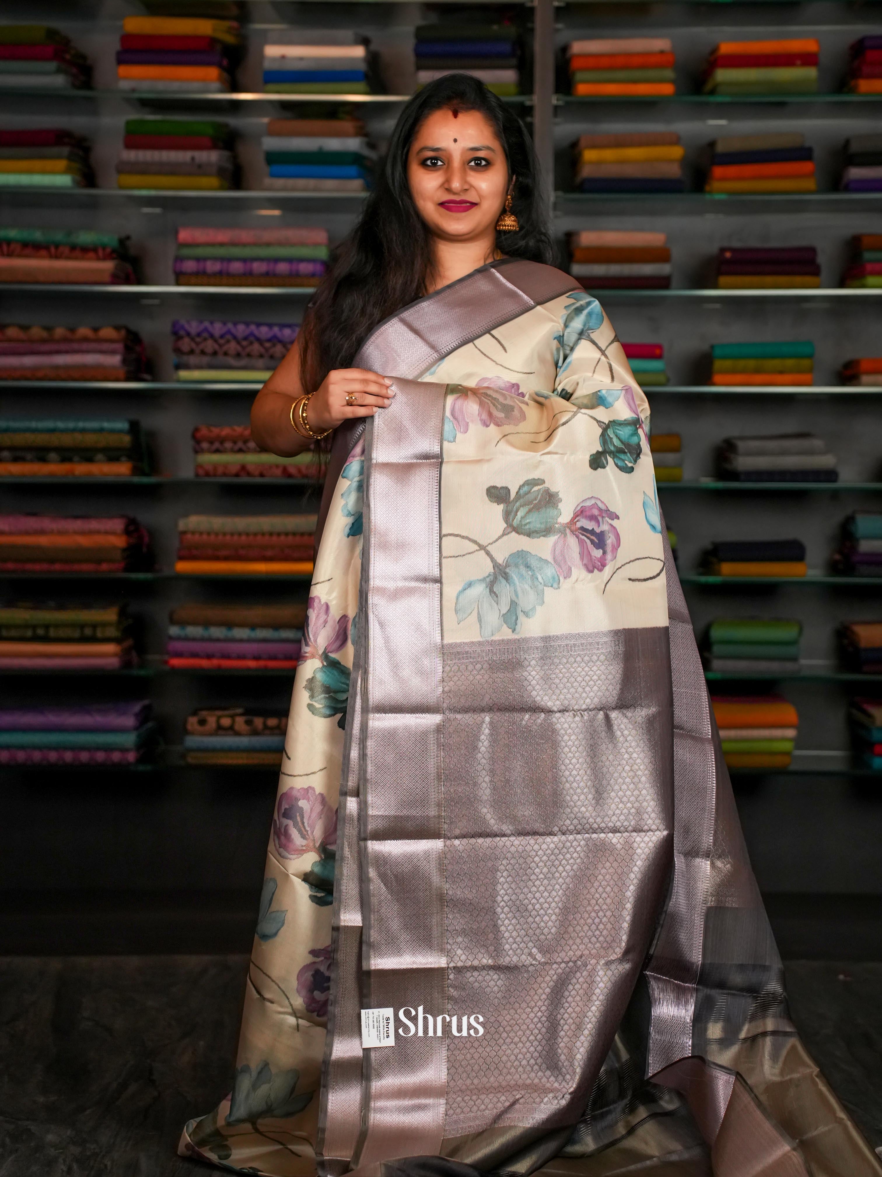 Cream & Grey- Kanchipuram-halfpure Saree