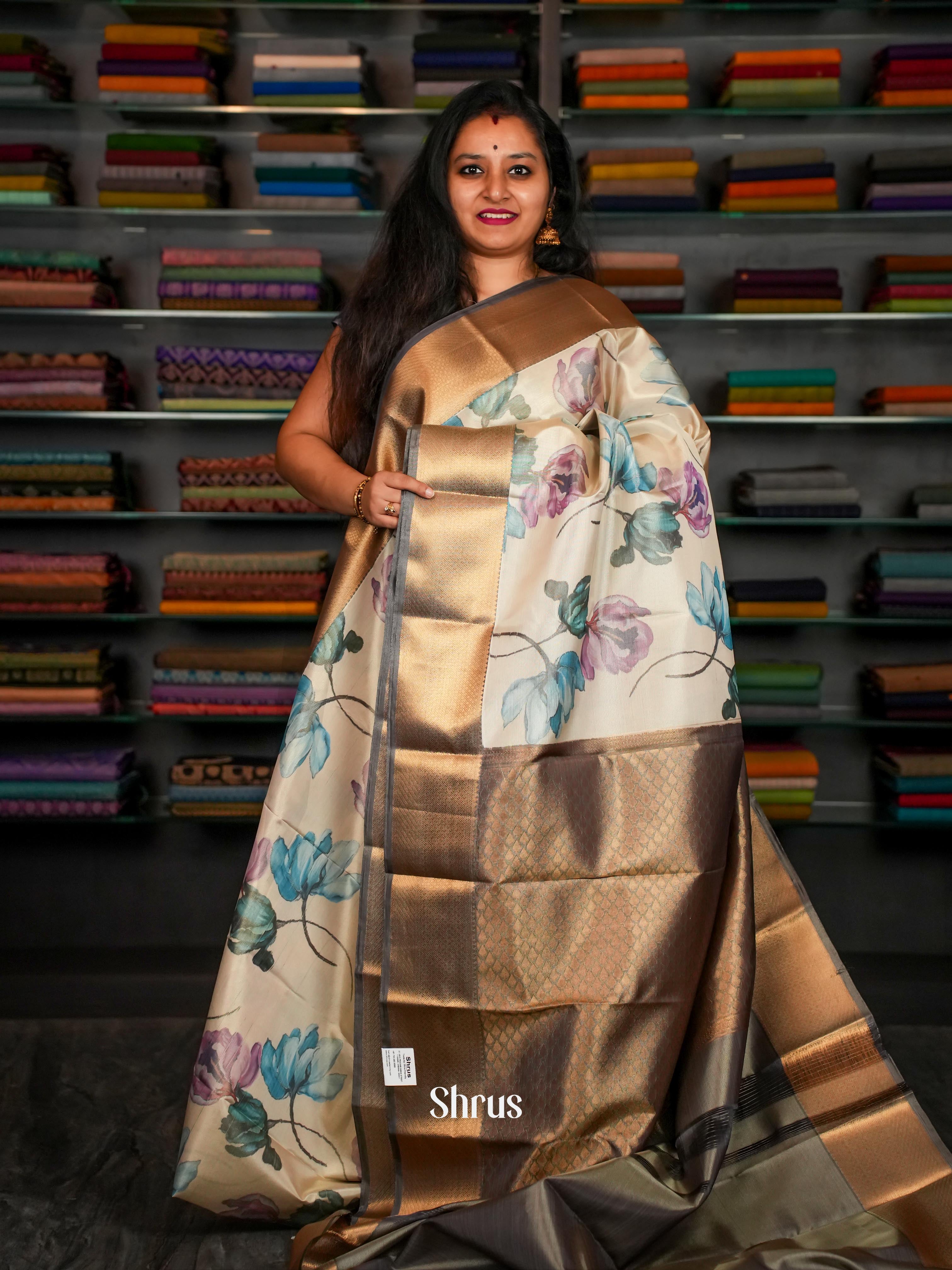 Cream & Grey - Kanchipuram-halfpure Saree