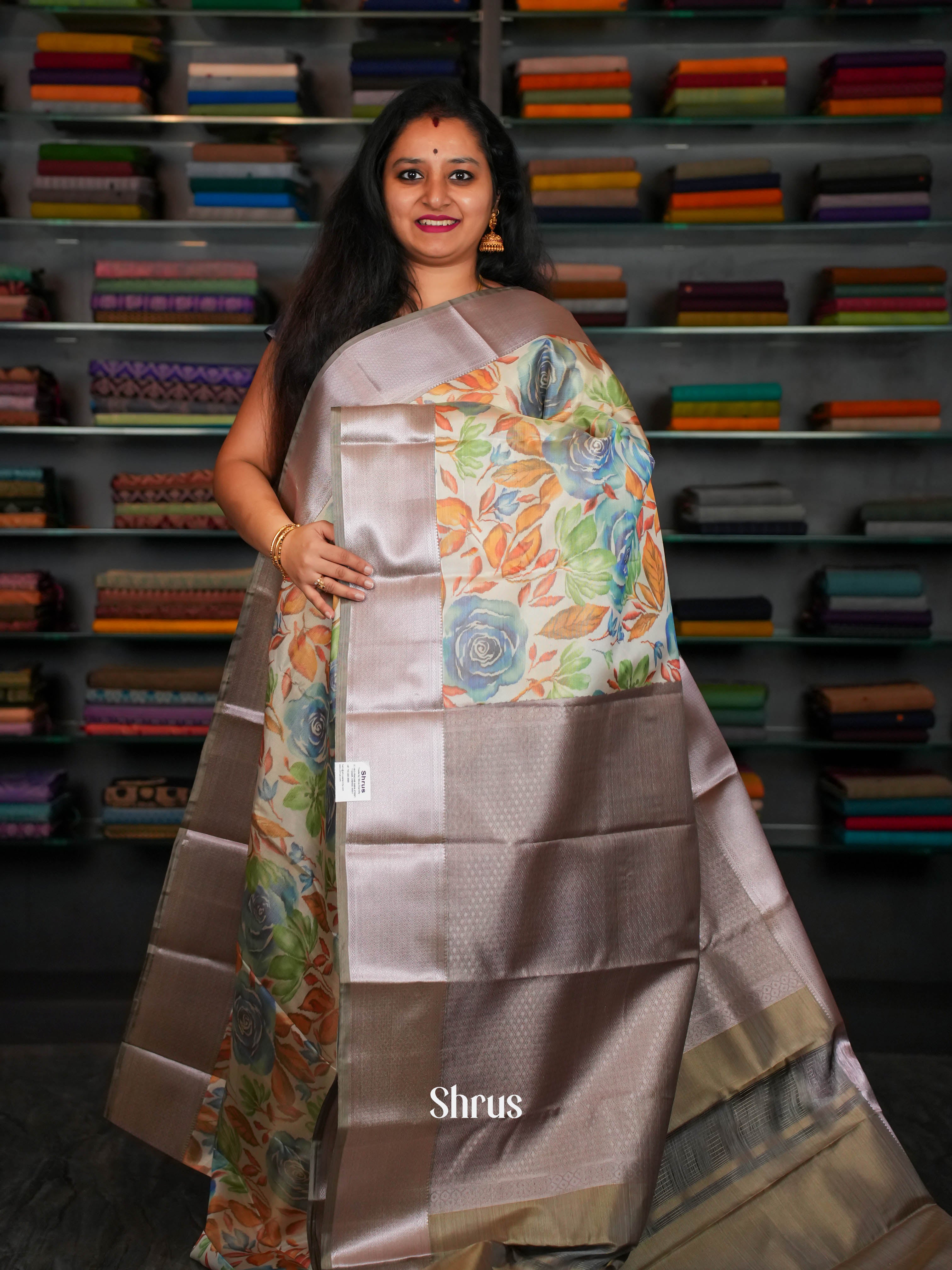 Cream & Grey - Kanchipuram-halfpure Saree