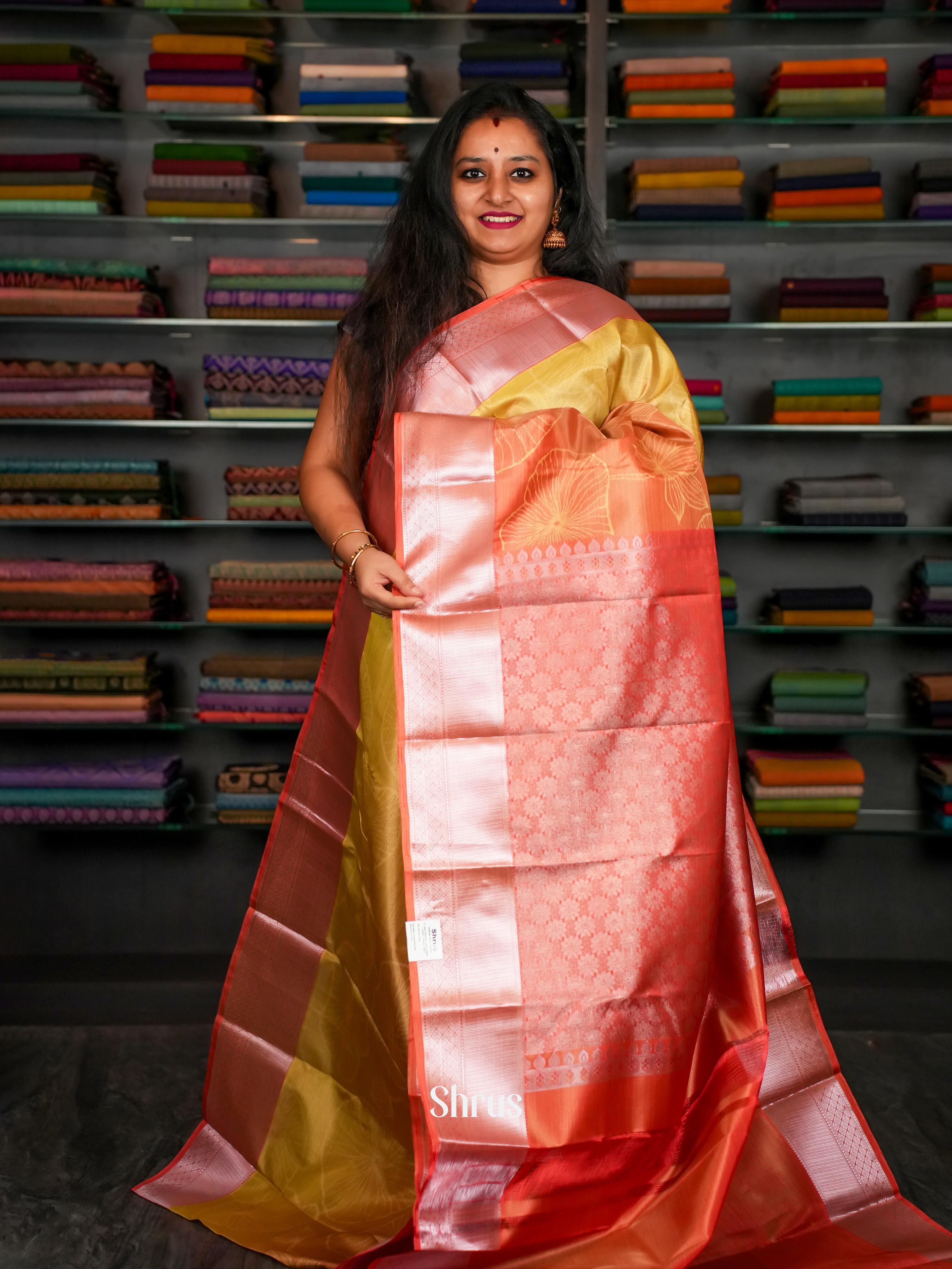 Mustard  & Red - Kanchipuram-halfpure Saree