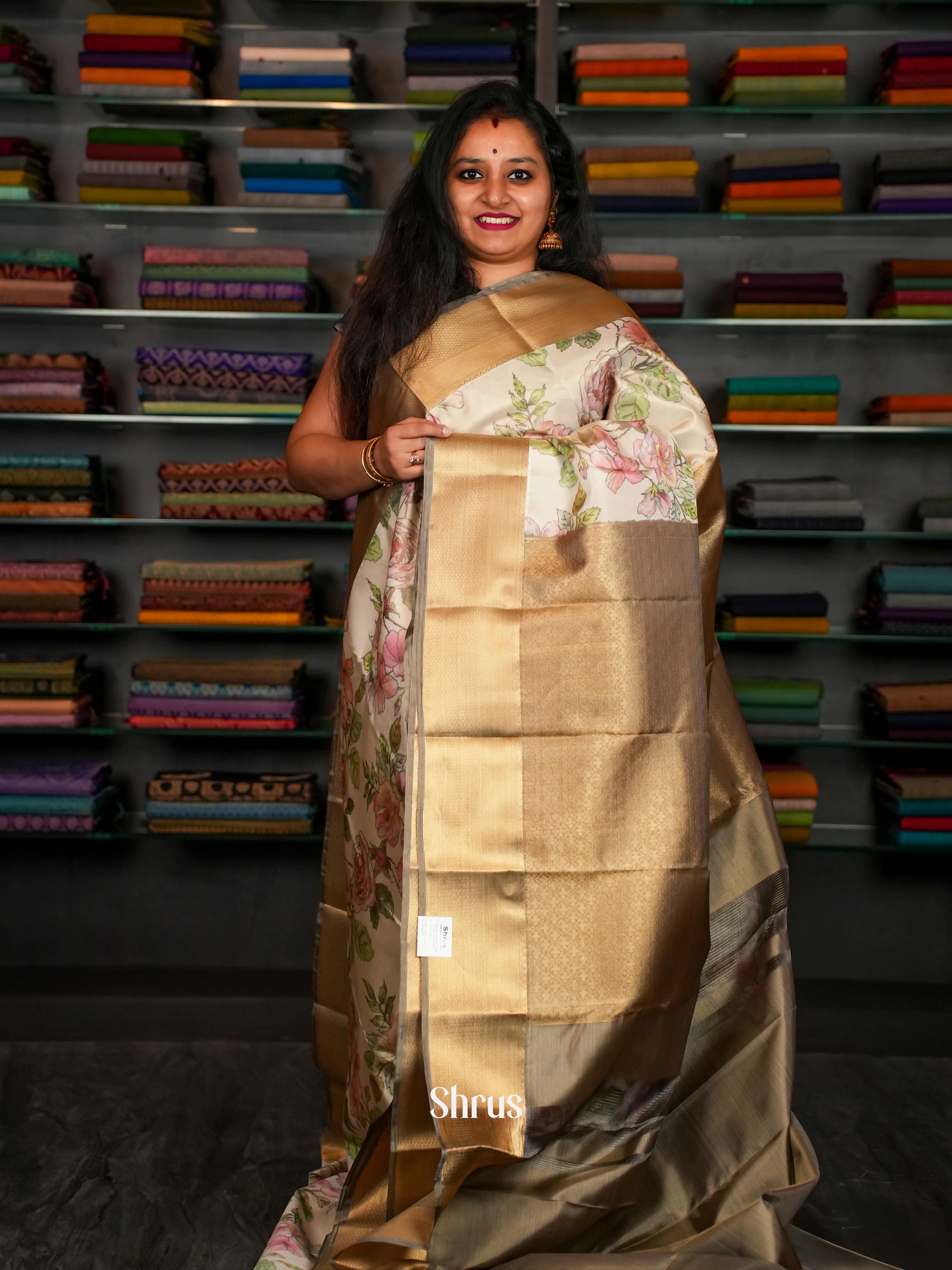 Cream & Grey - Kanchipuram-halfpure Saree