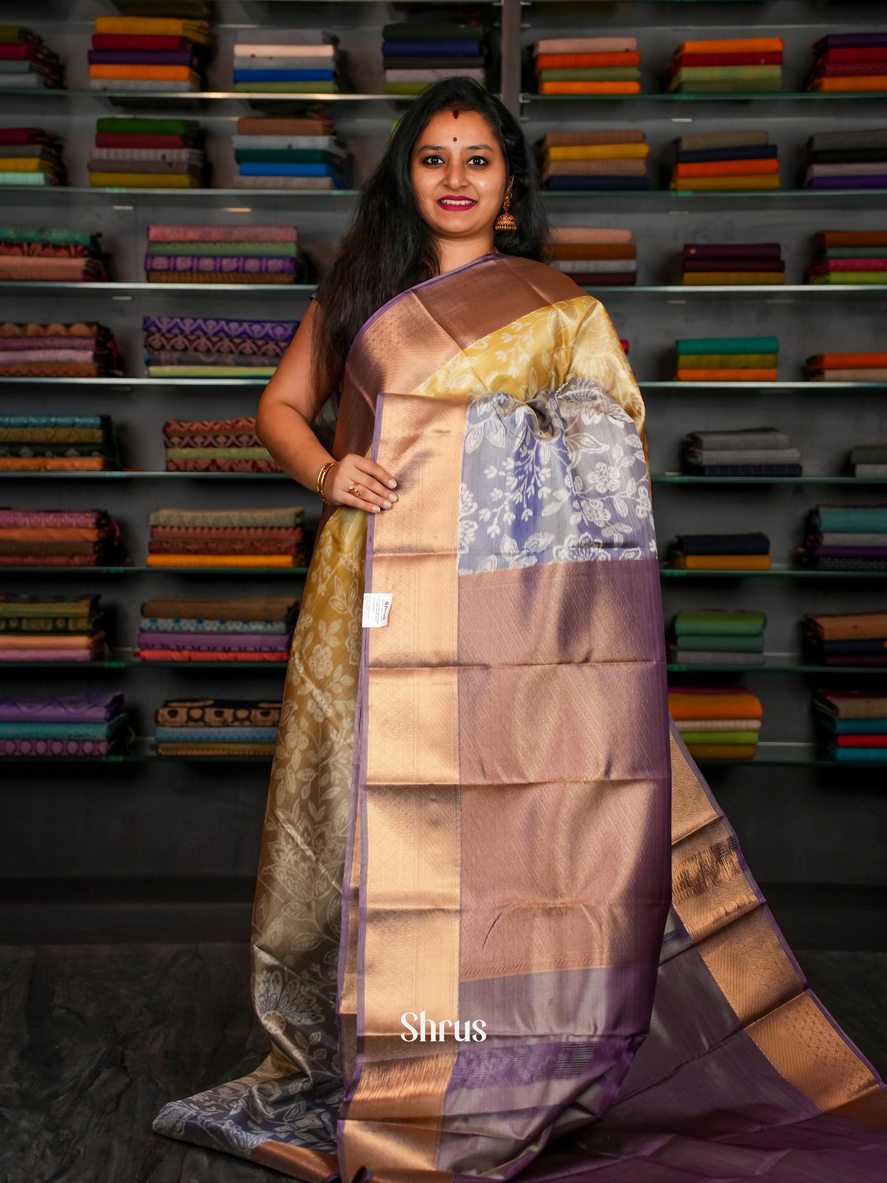 Mustard & Purple - Kanchipuram-halfpure Saree