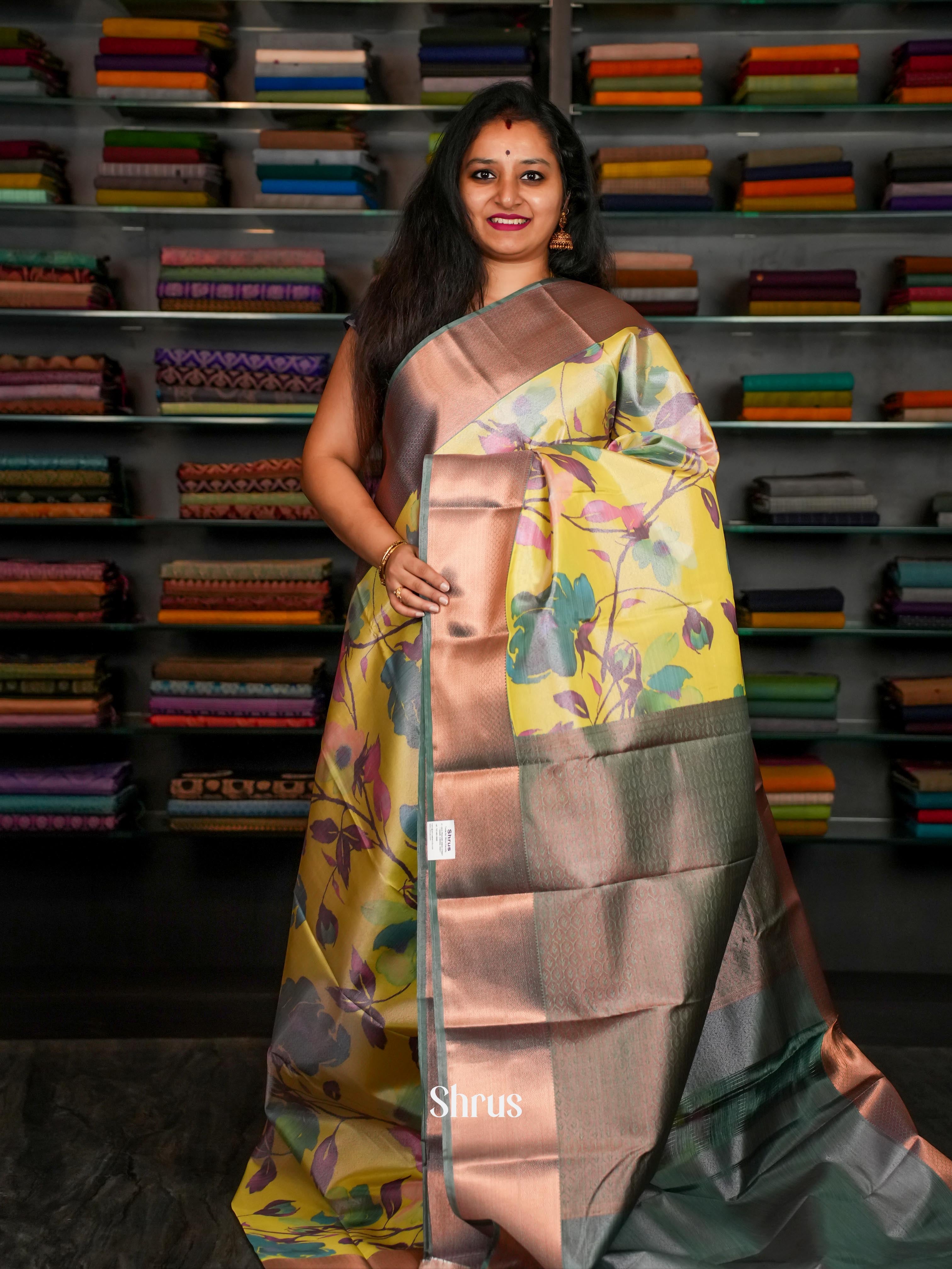 Yellow & Green - Kanchipuram-halfpure Saree