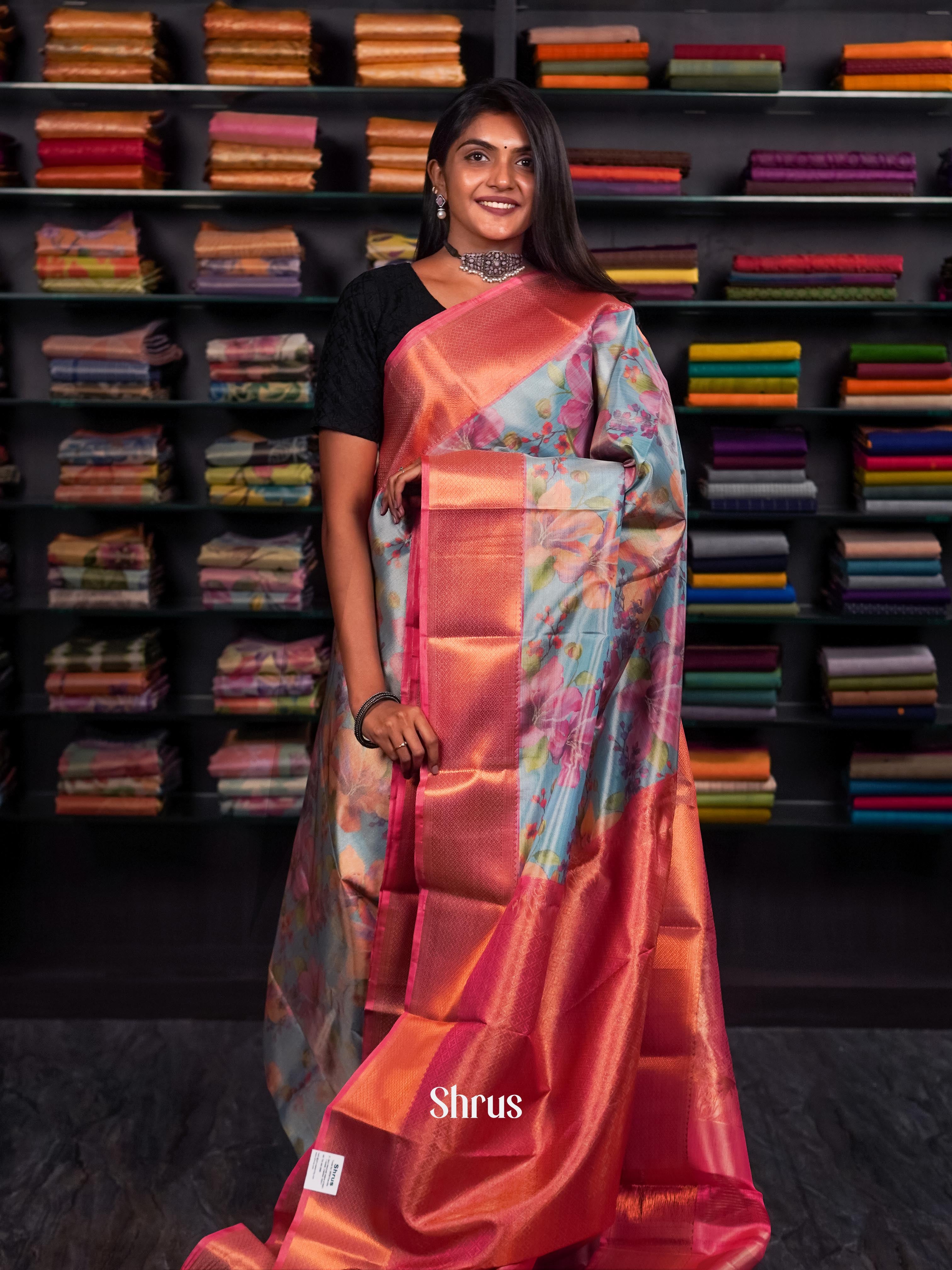 Ice blue pink - Kanchipuram-halfpure saree