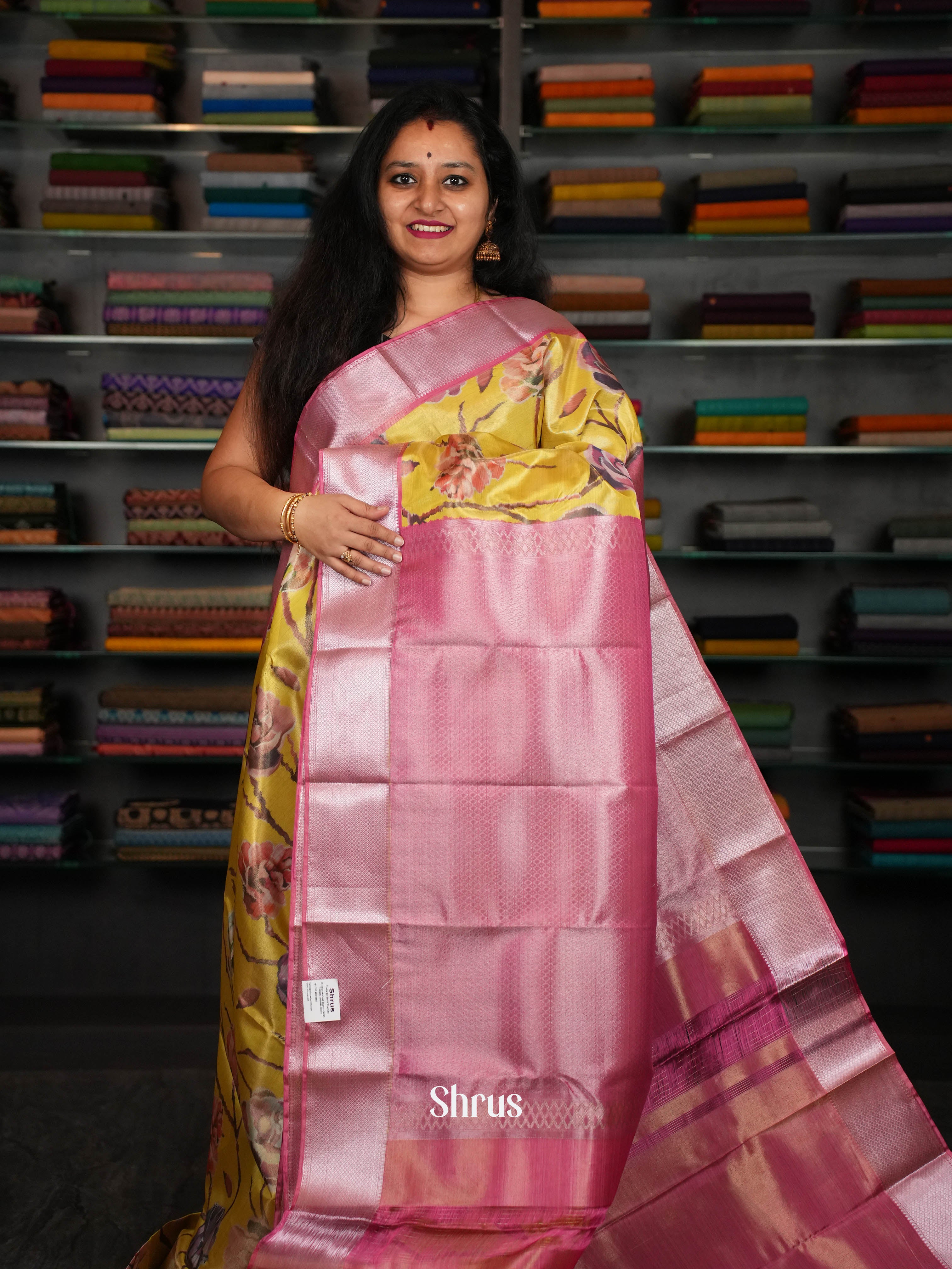 Yellow & Pink - Kanchipuram-halfpure Saree