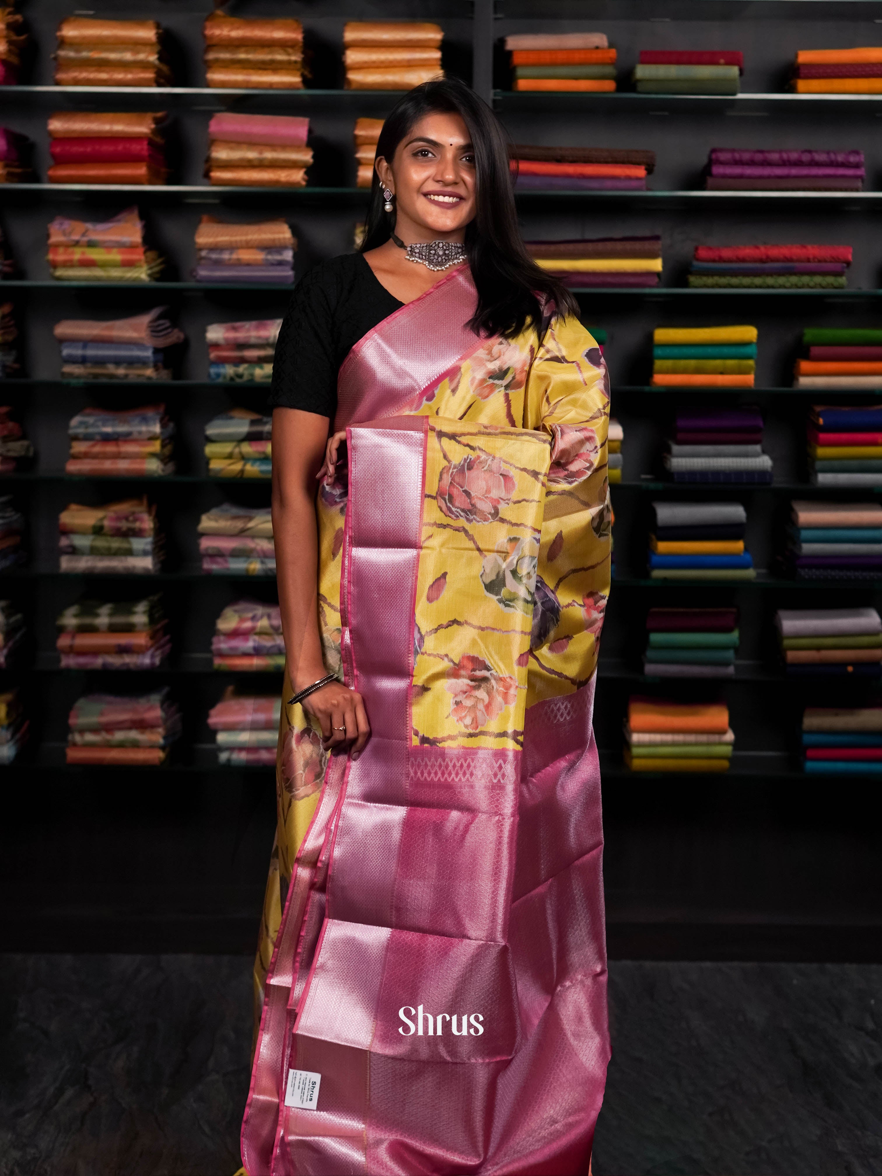 Yellow & Pink - Kanchipuram-halfpure Saree