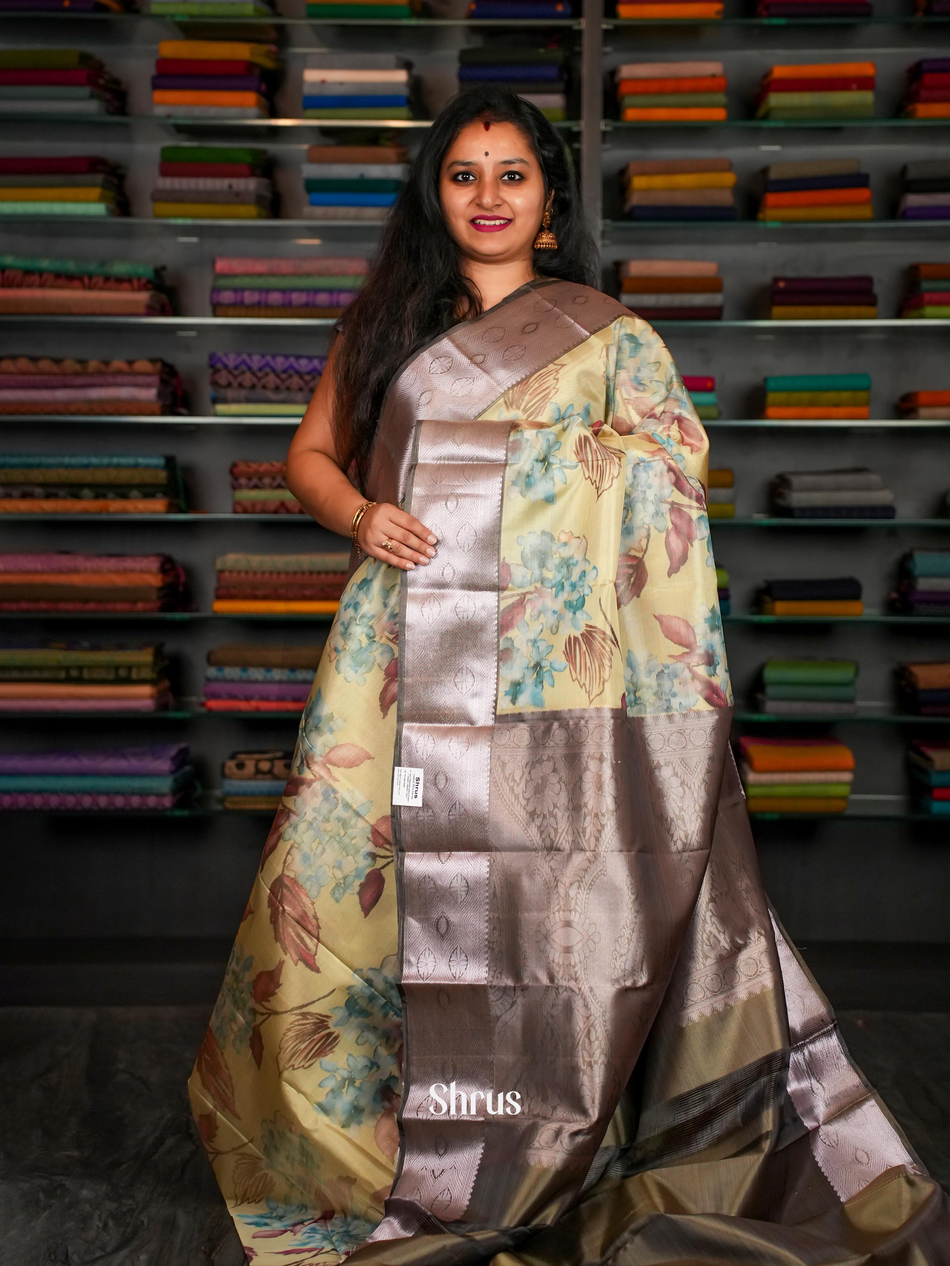 Lite Yellow& Grey - Kanchipuram-halfpure Saree