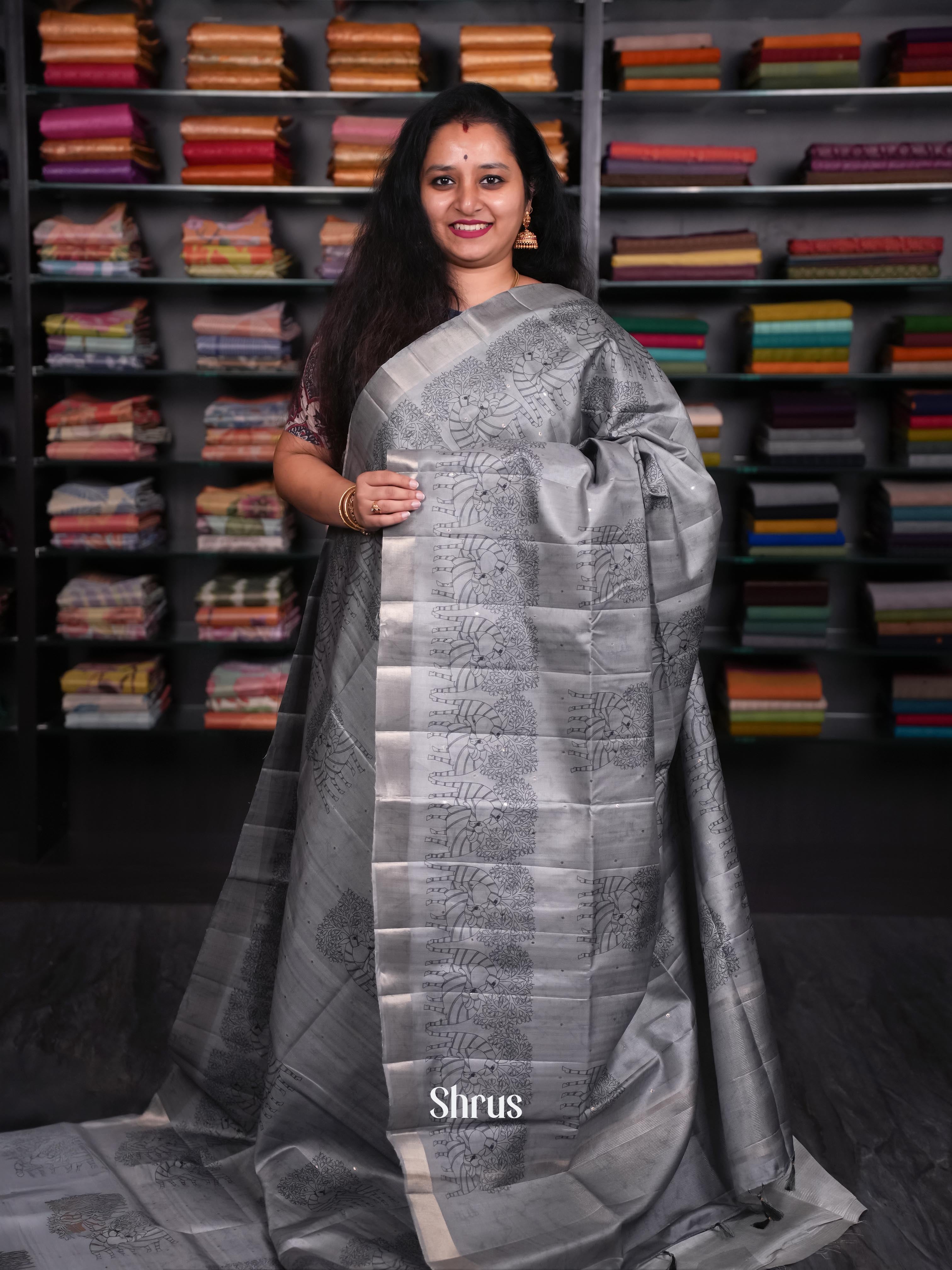 Grey - Moonga Silk Saree