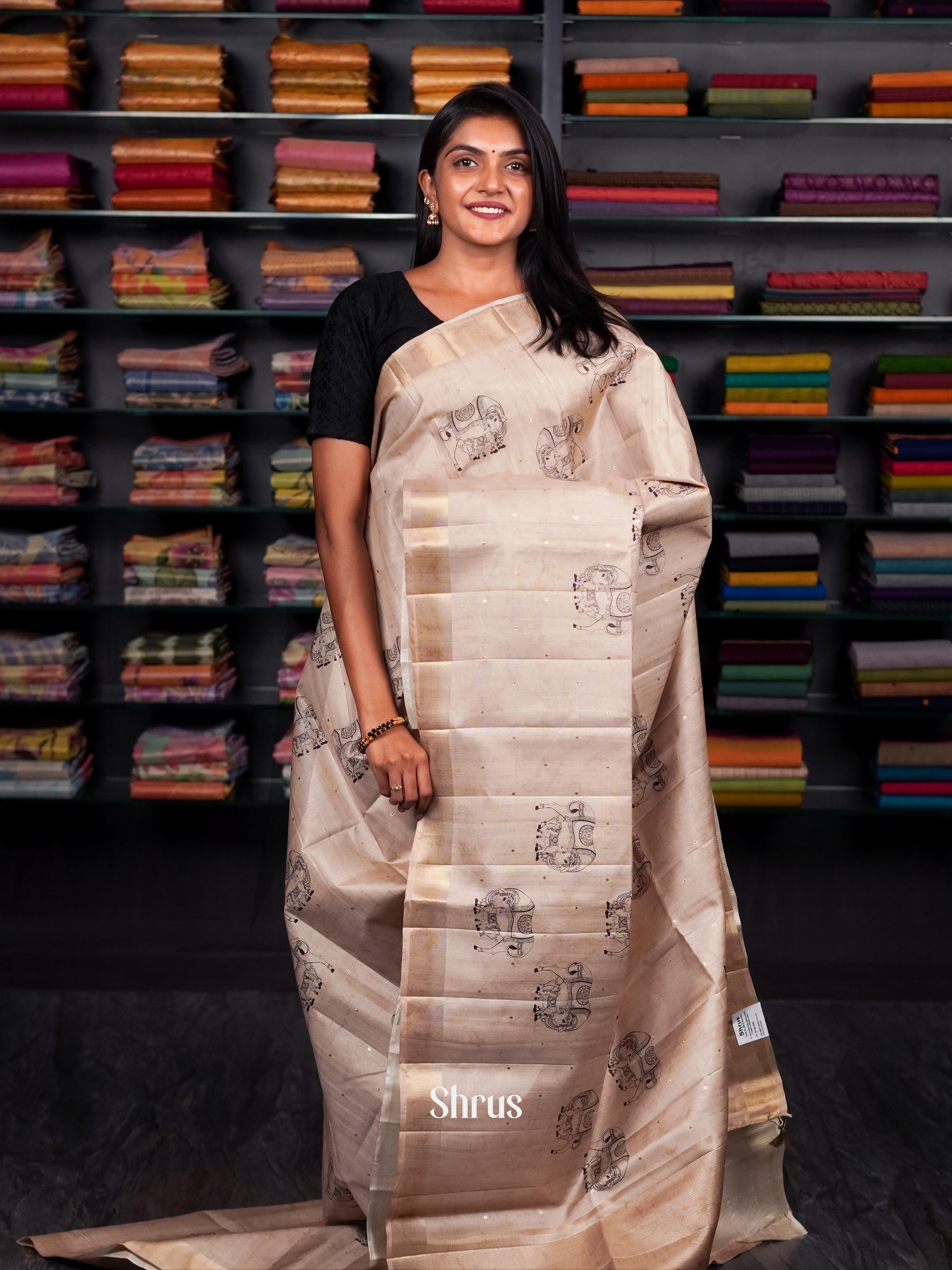 Beige - Moonga silk Saree