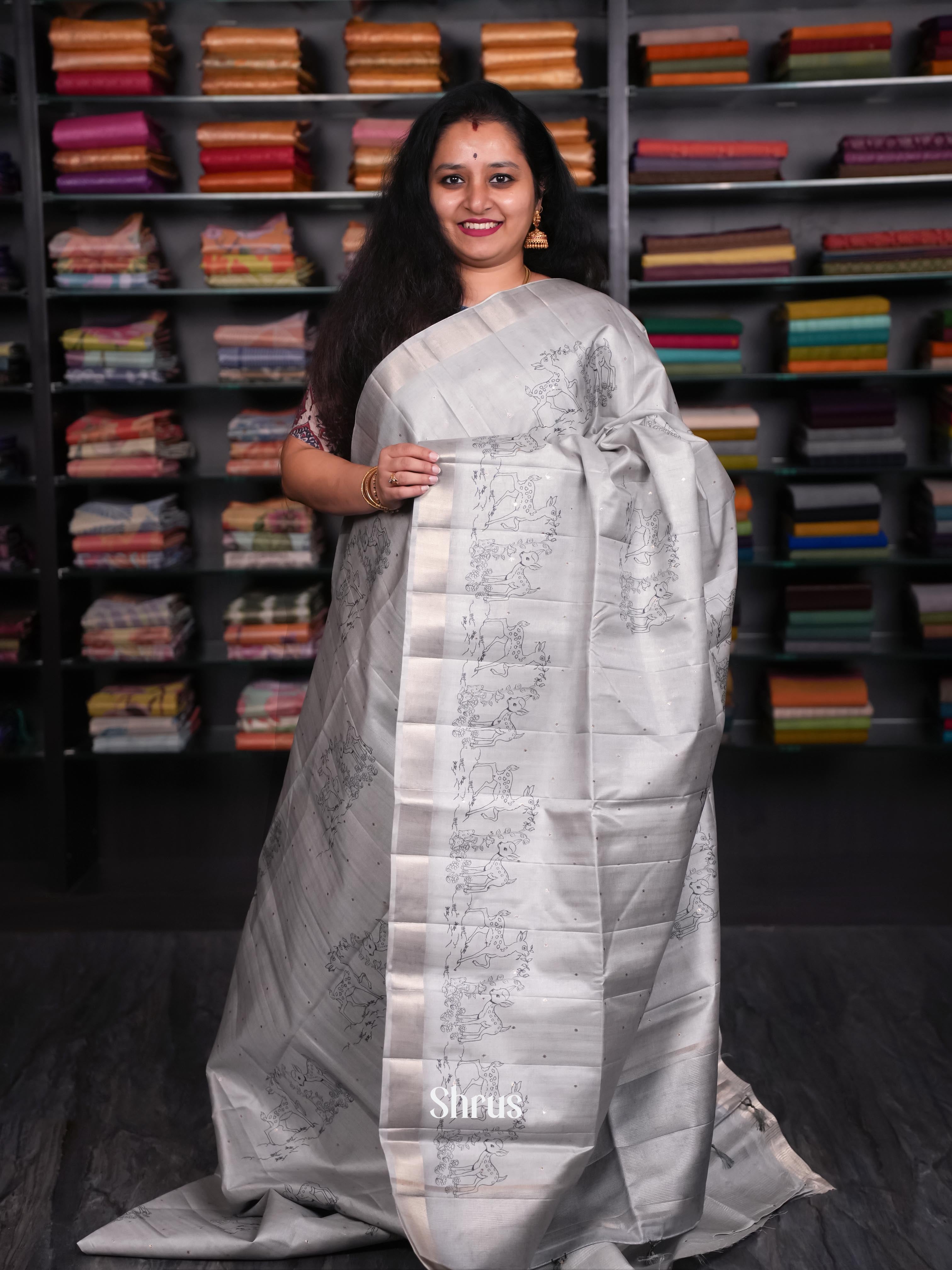 Grey - Moonga Silk Saree