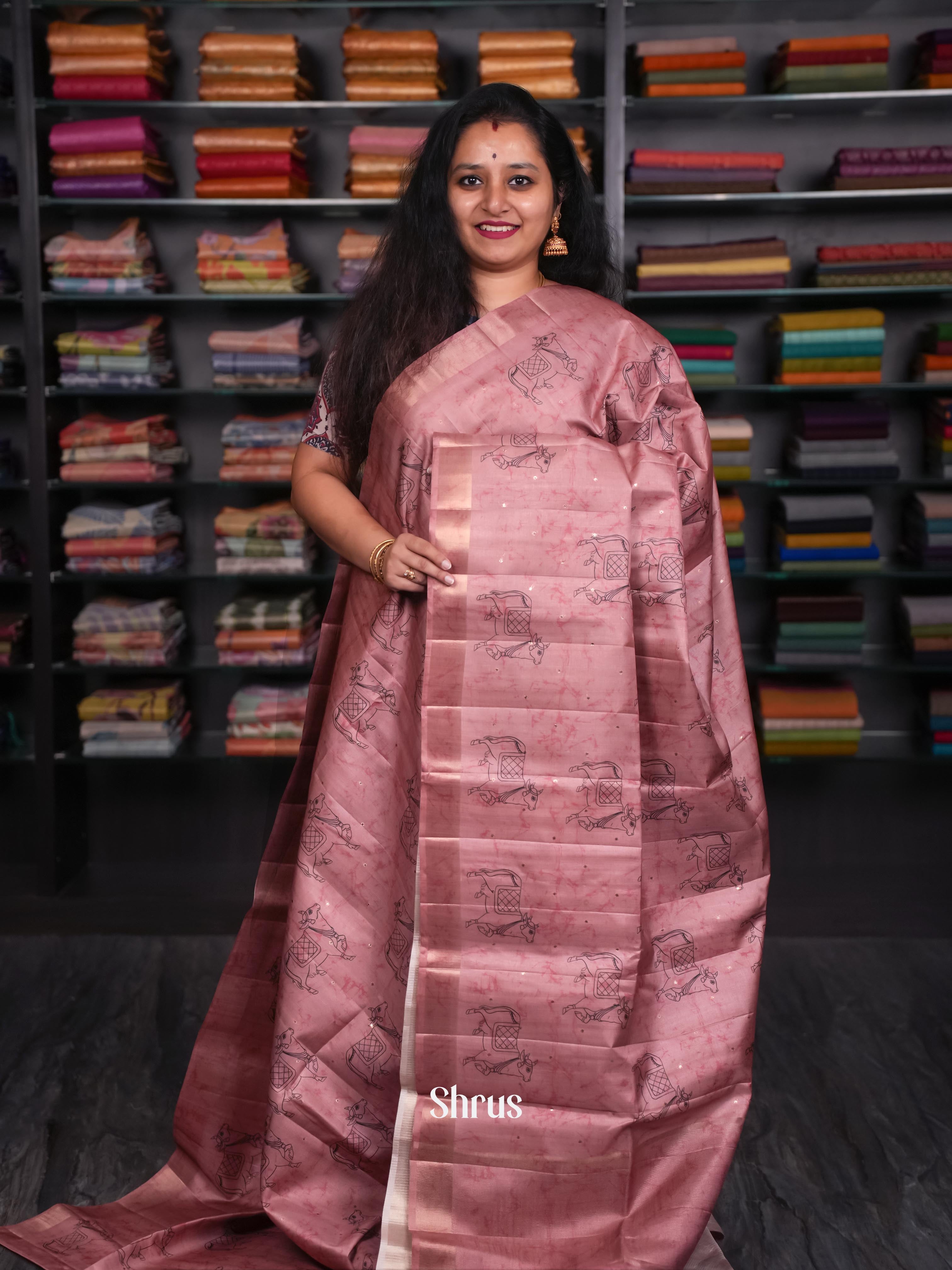 Dark Peachy Pink - Moonga Silk Saree