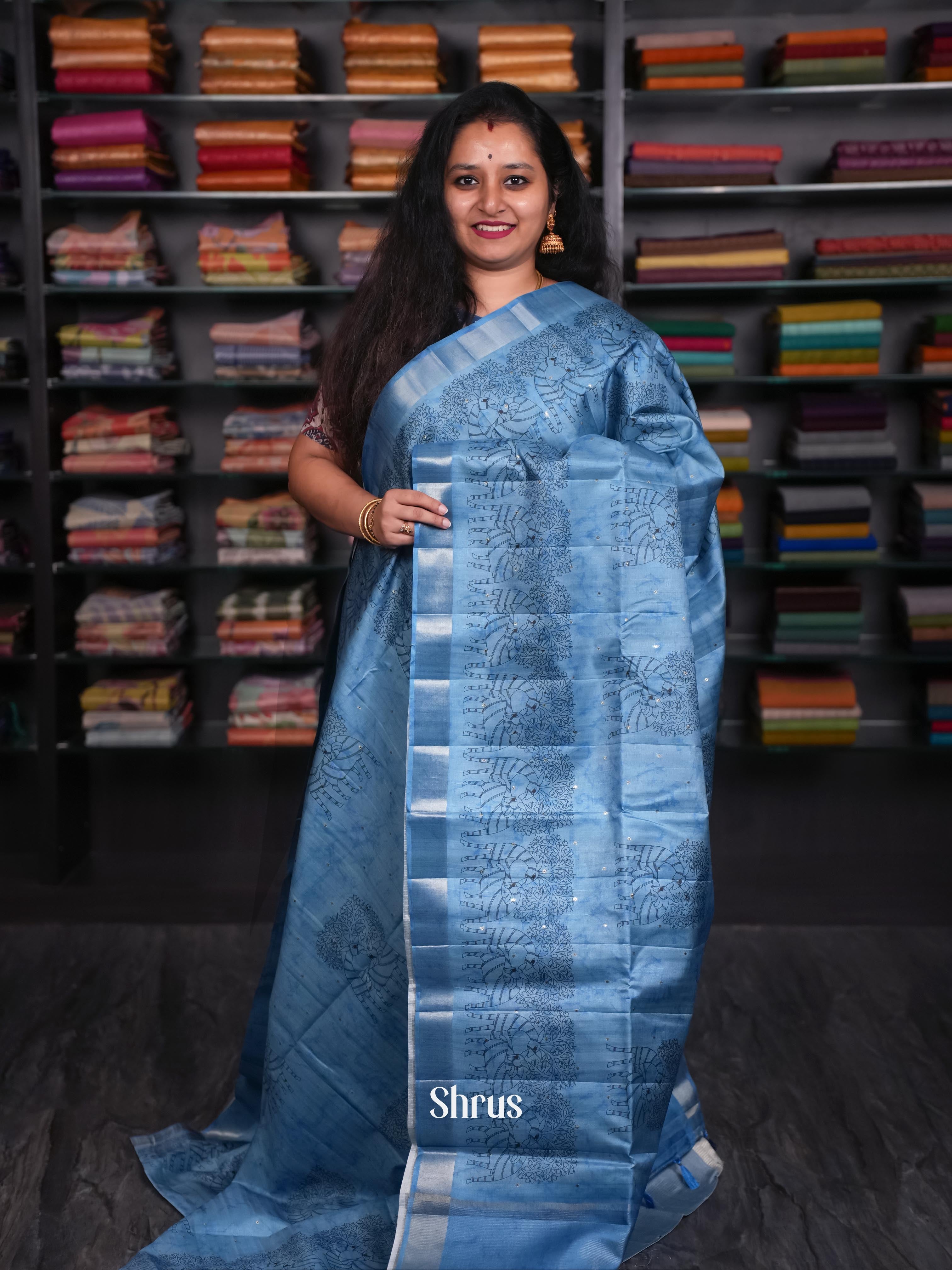 Blue - Moonga Silk Saree