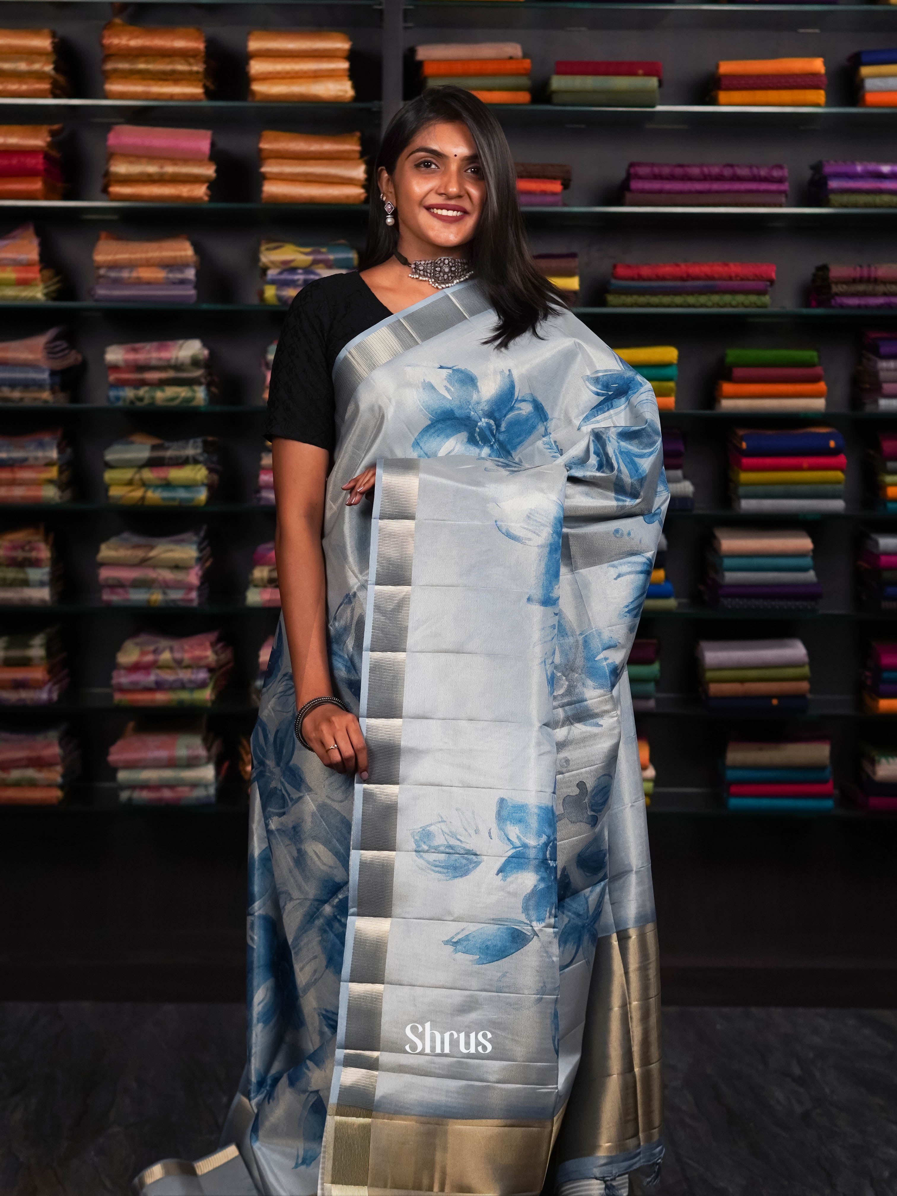 Glitterring Blue & Grey - Moonga silk Saree