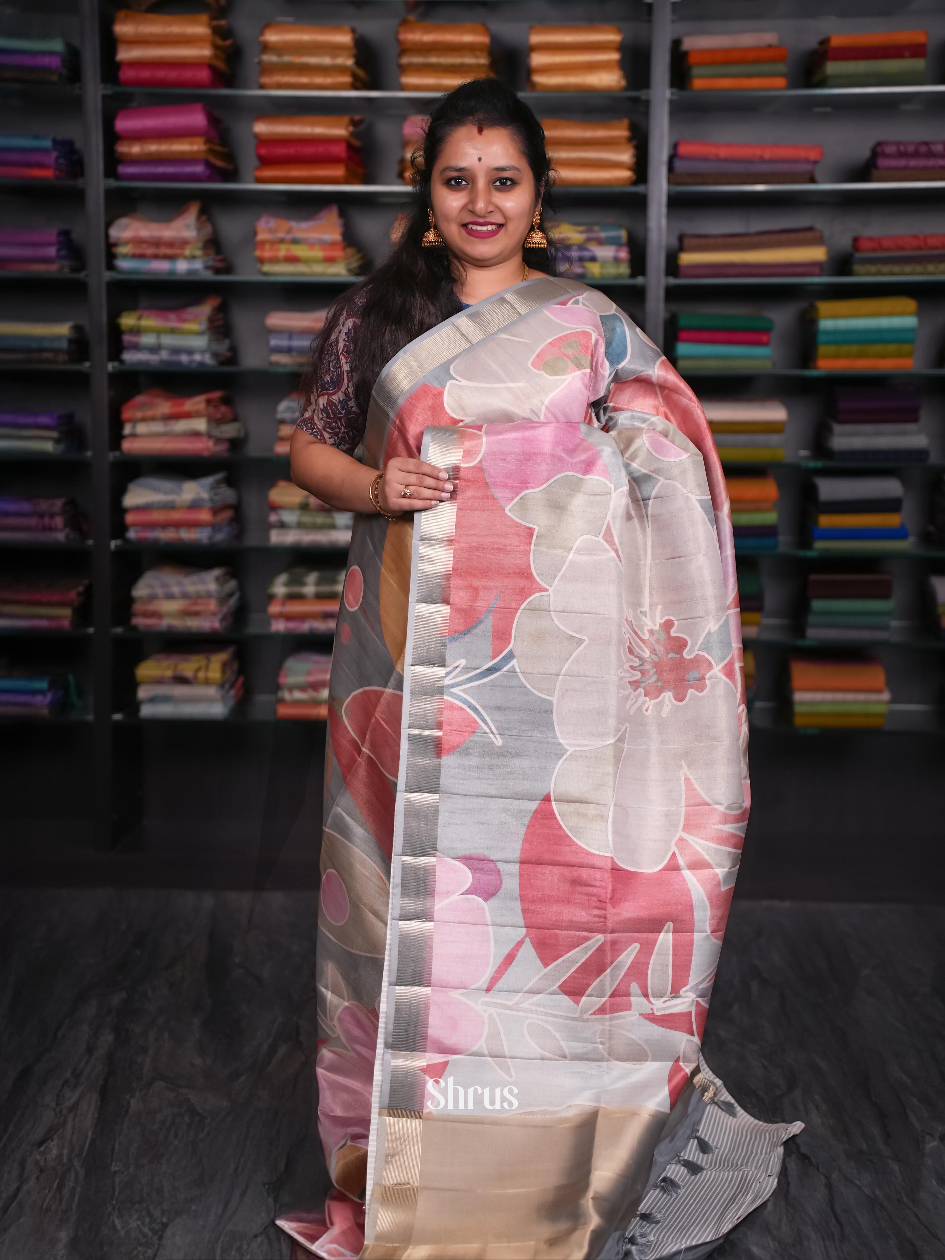 Grey & Red - Moonga Silk Saree