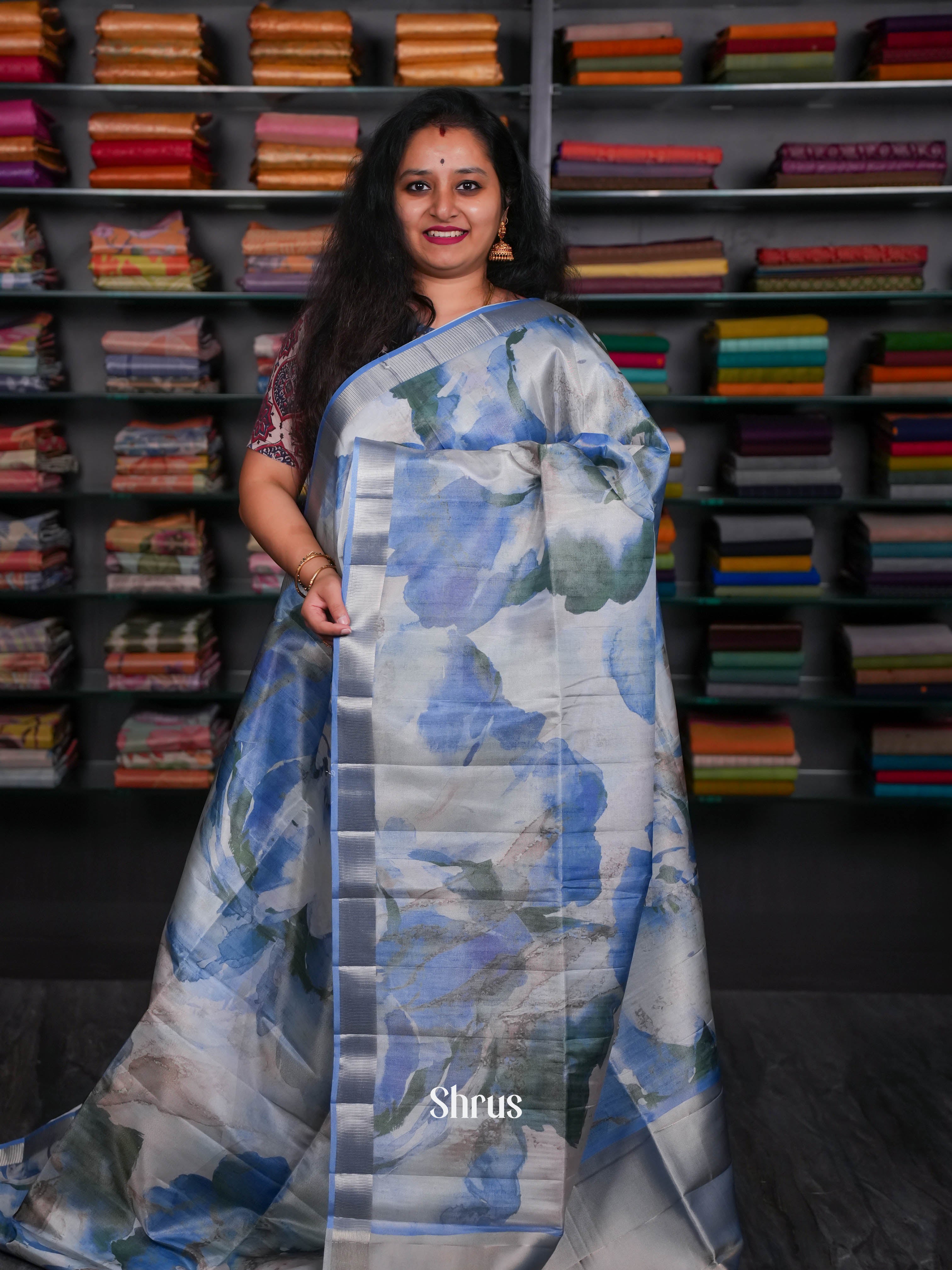 Grey & Blue- Moonga Silk Saree