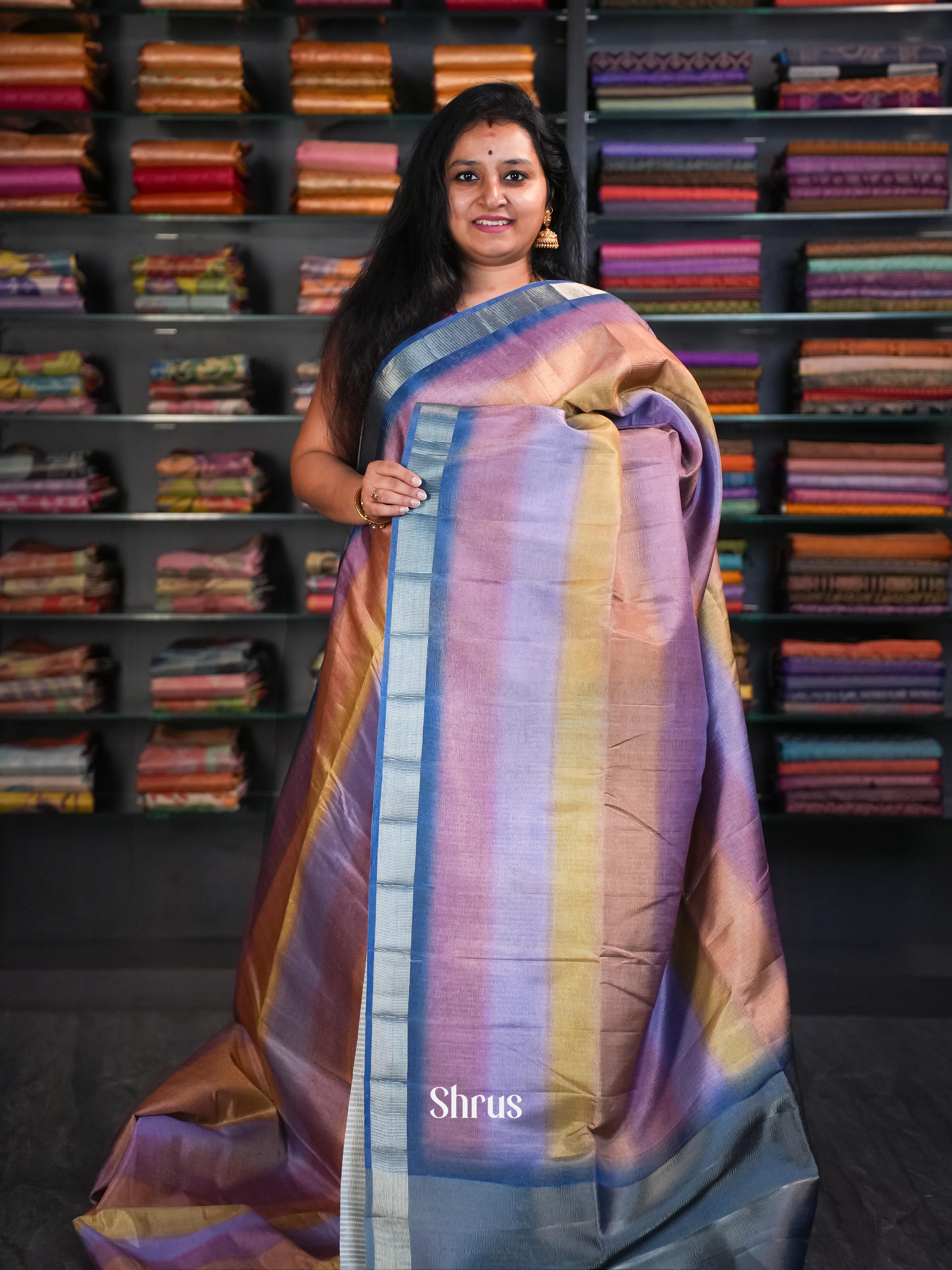 Multicolor & Blue  - Bamboo silk Saree