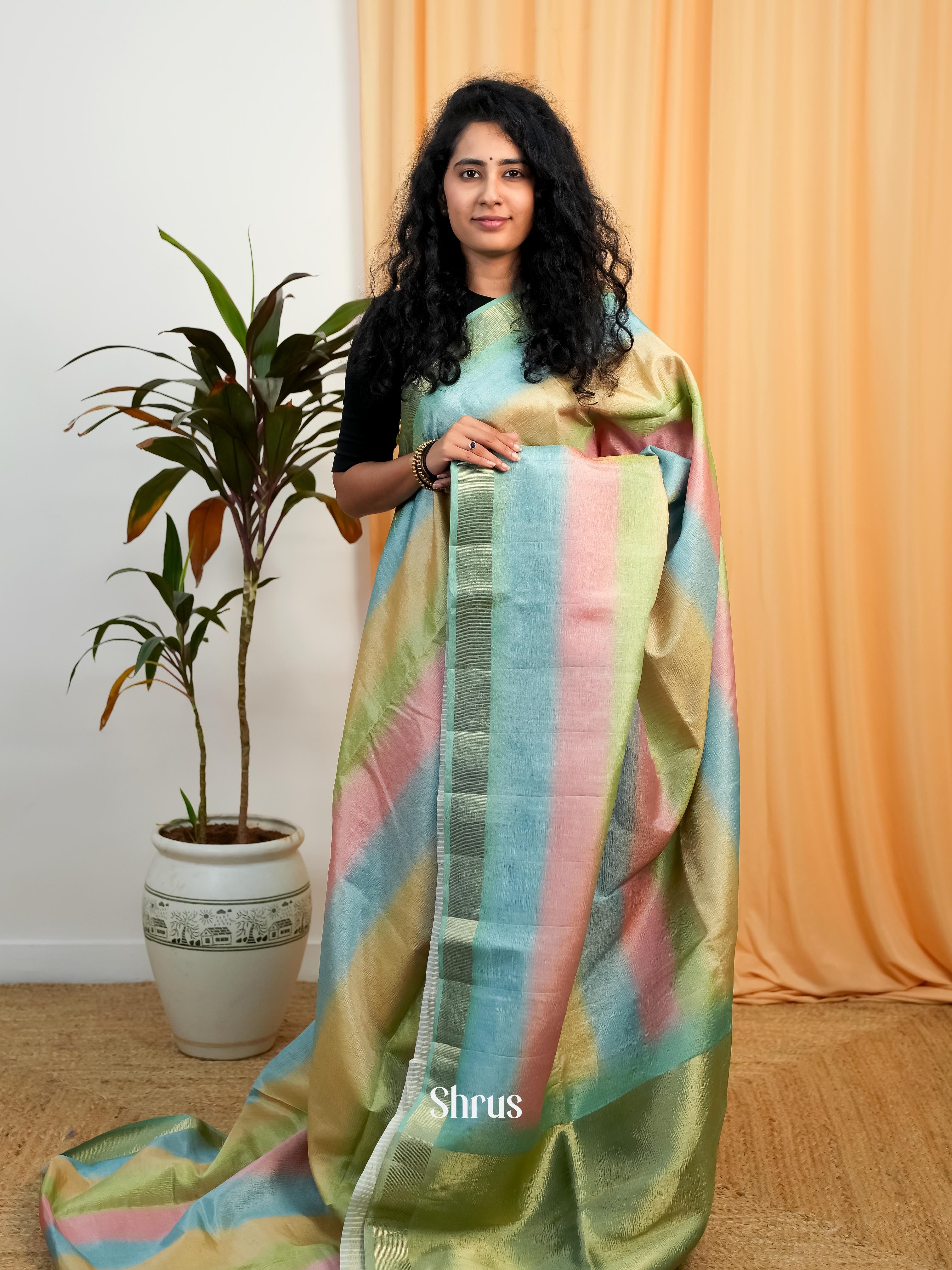 Multicolor & Green  - Bamboo silk Saree