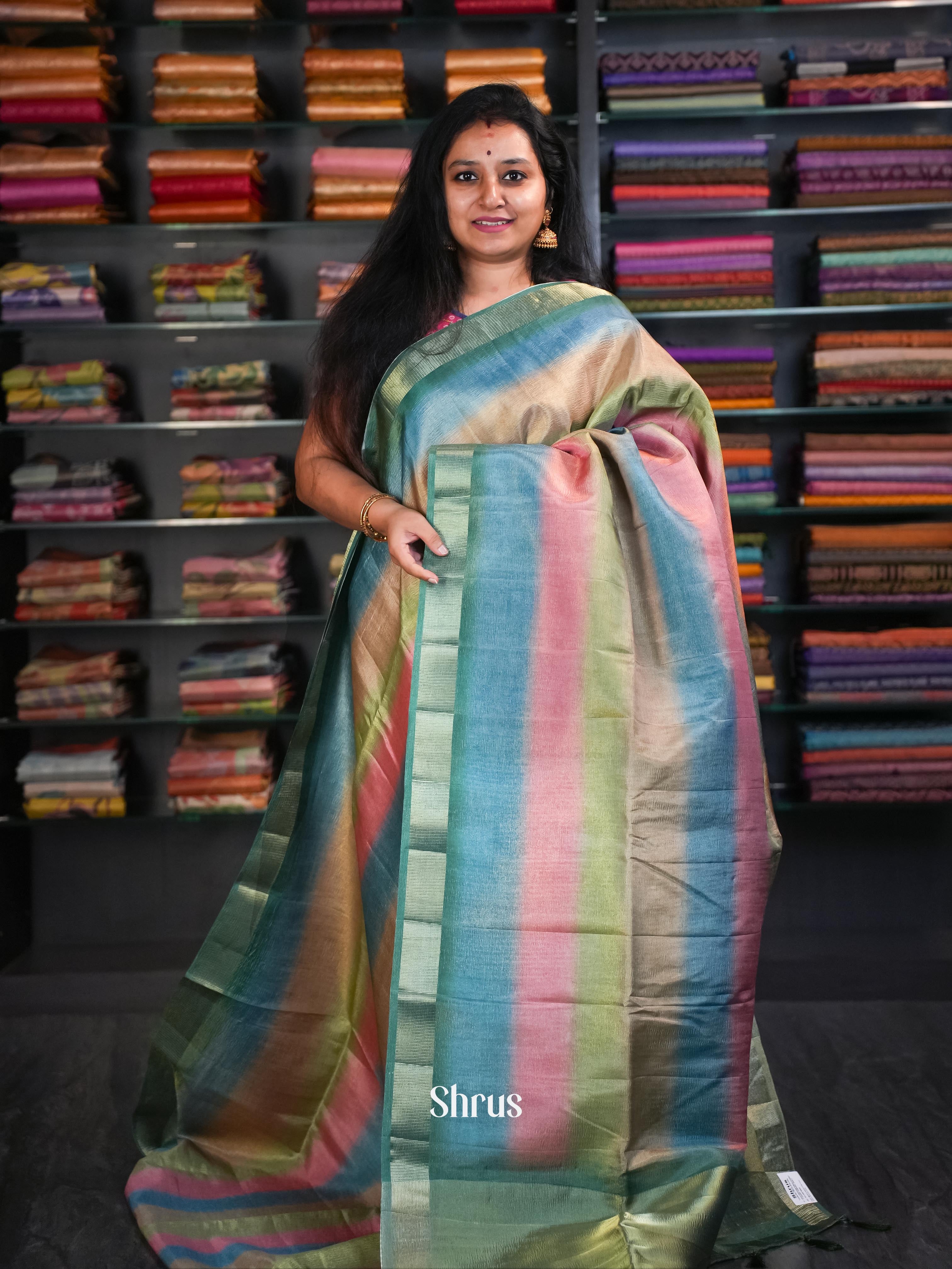 Multicolor & Green  - Bamboo silk Saree