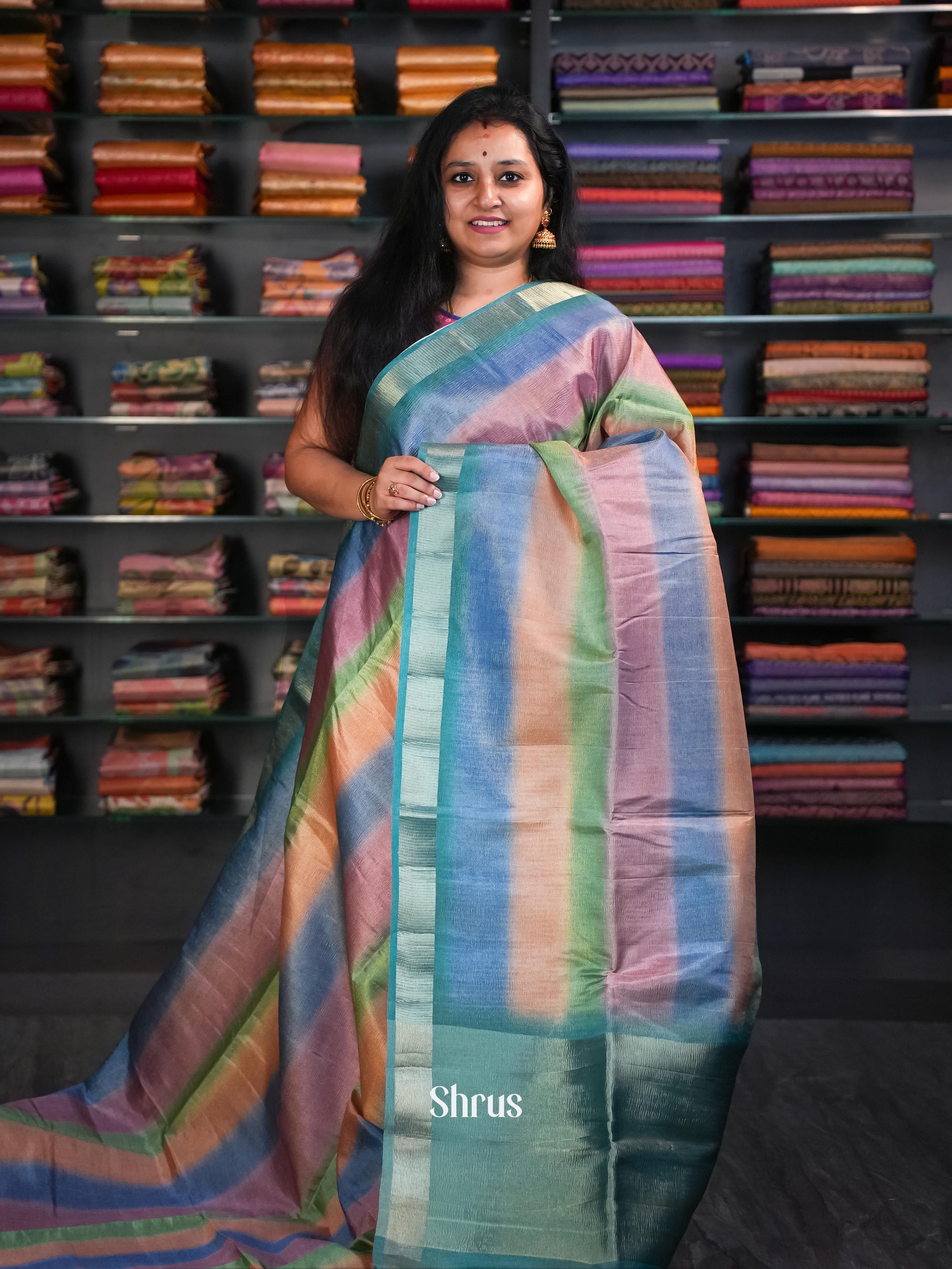 Multicolor & Teal  - Bamboo silk Saree