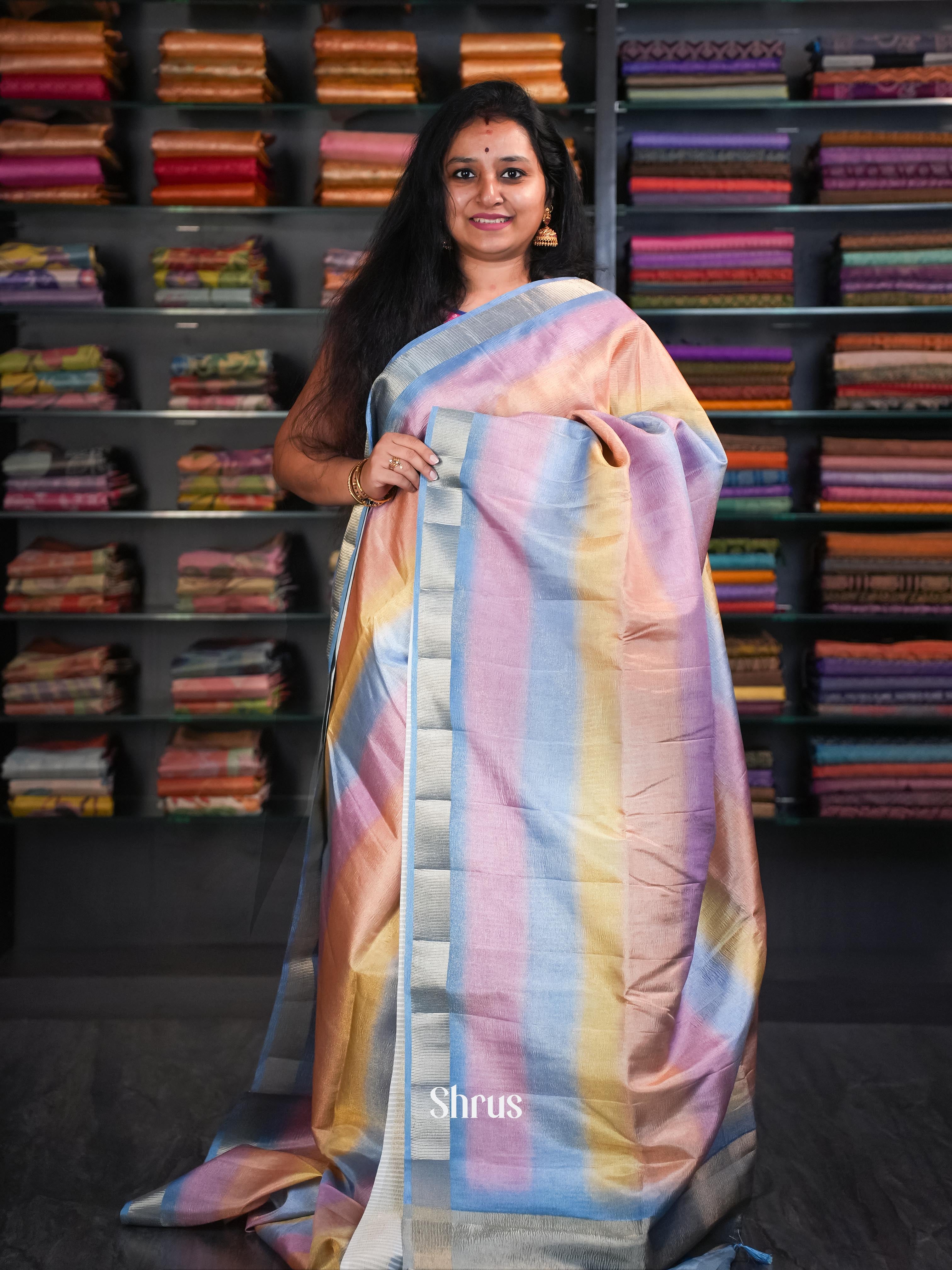 Multicolor & Blue  - Bamboo silk Saree