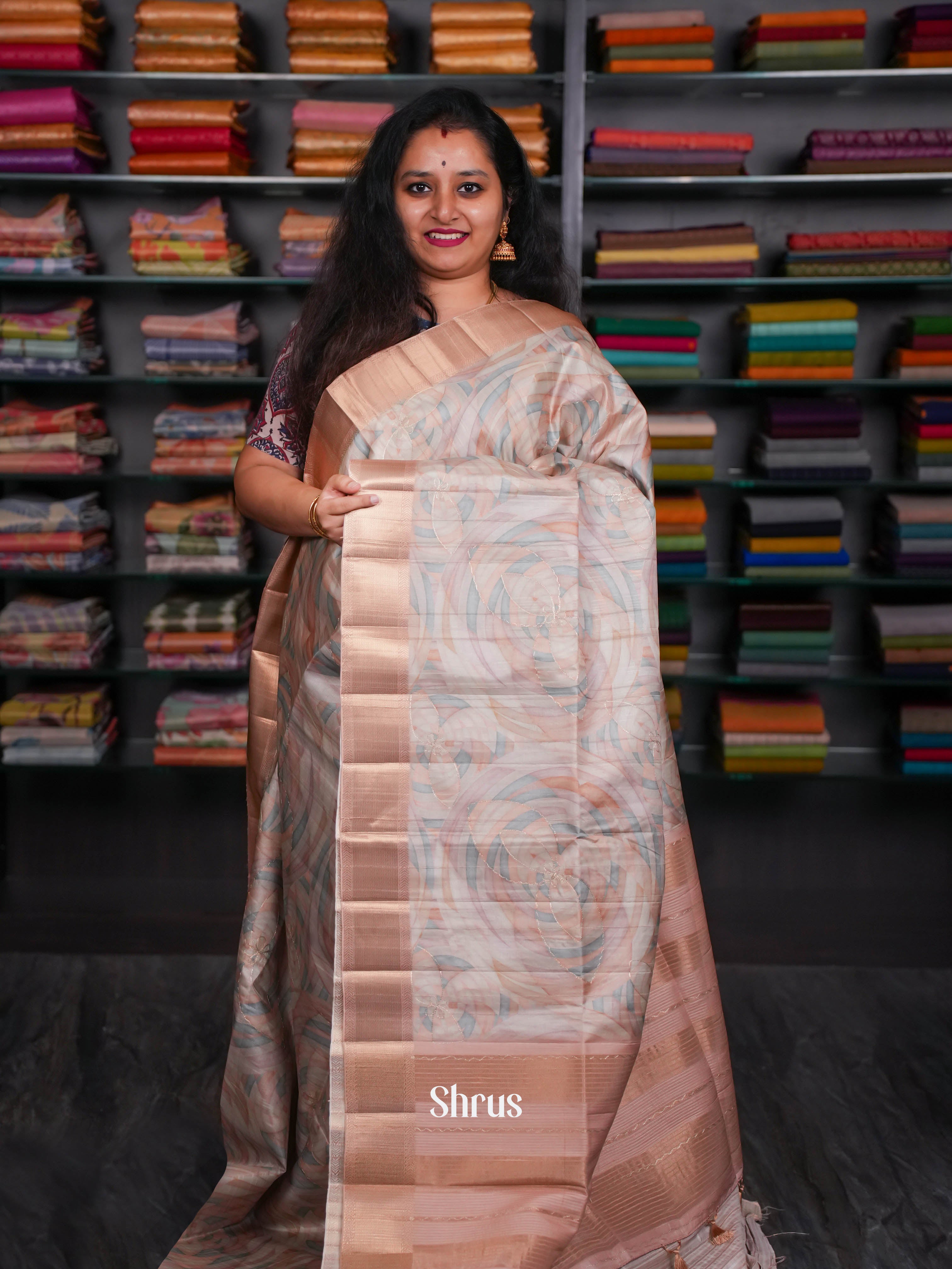 Cream & Golden Brown  - Moonga Silk Saree