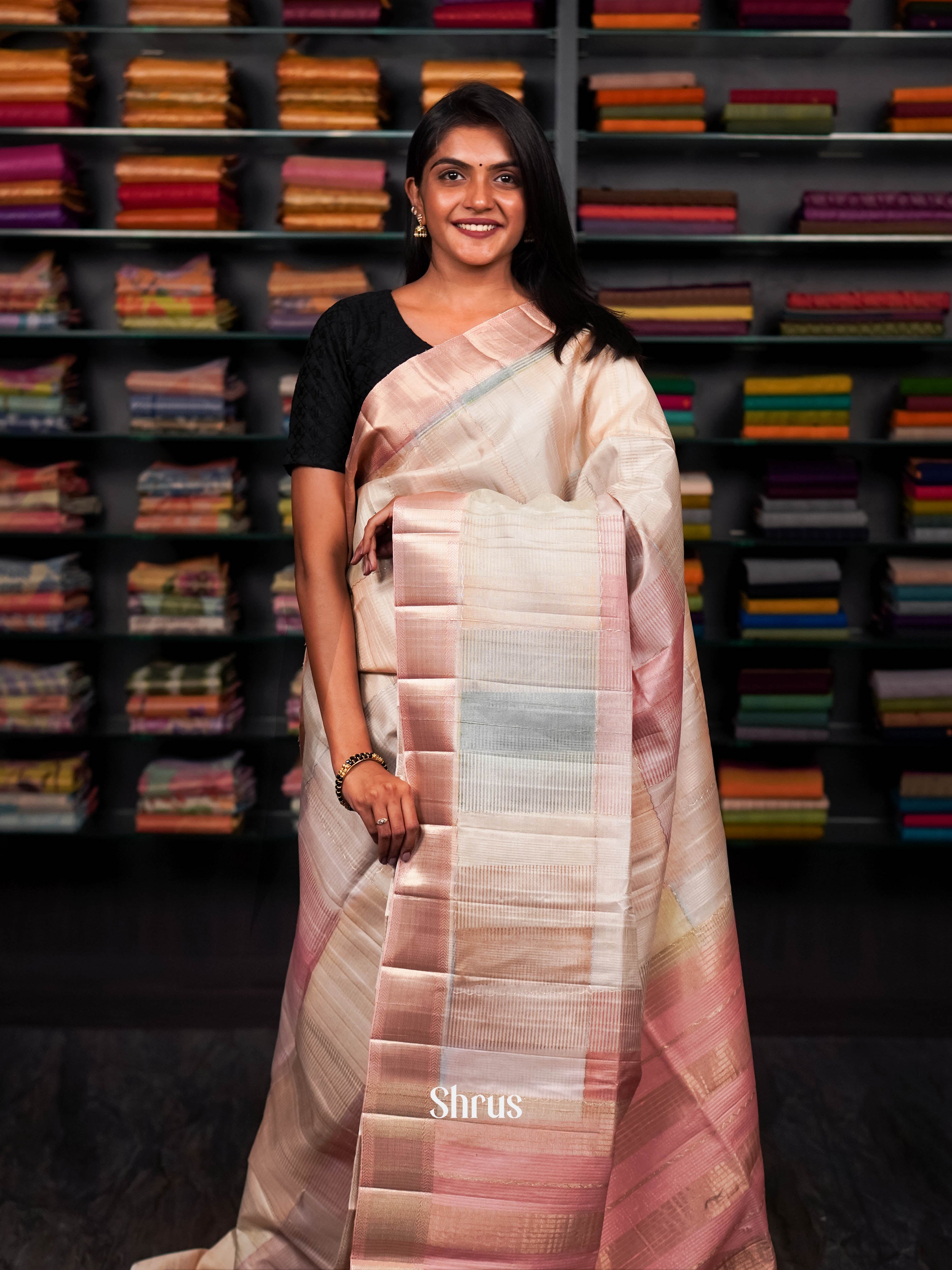 Cream & Peachy Pink   - Moonga silk Saree