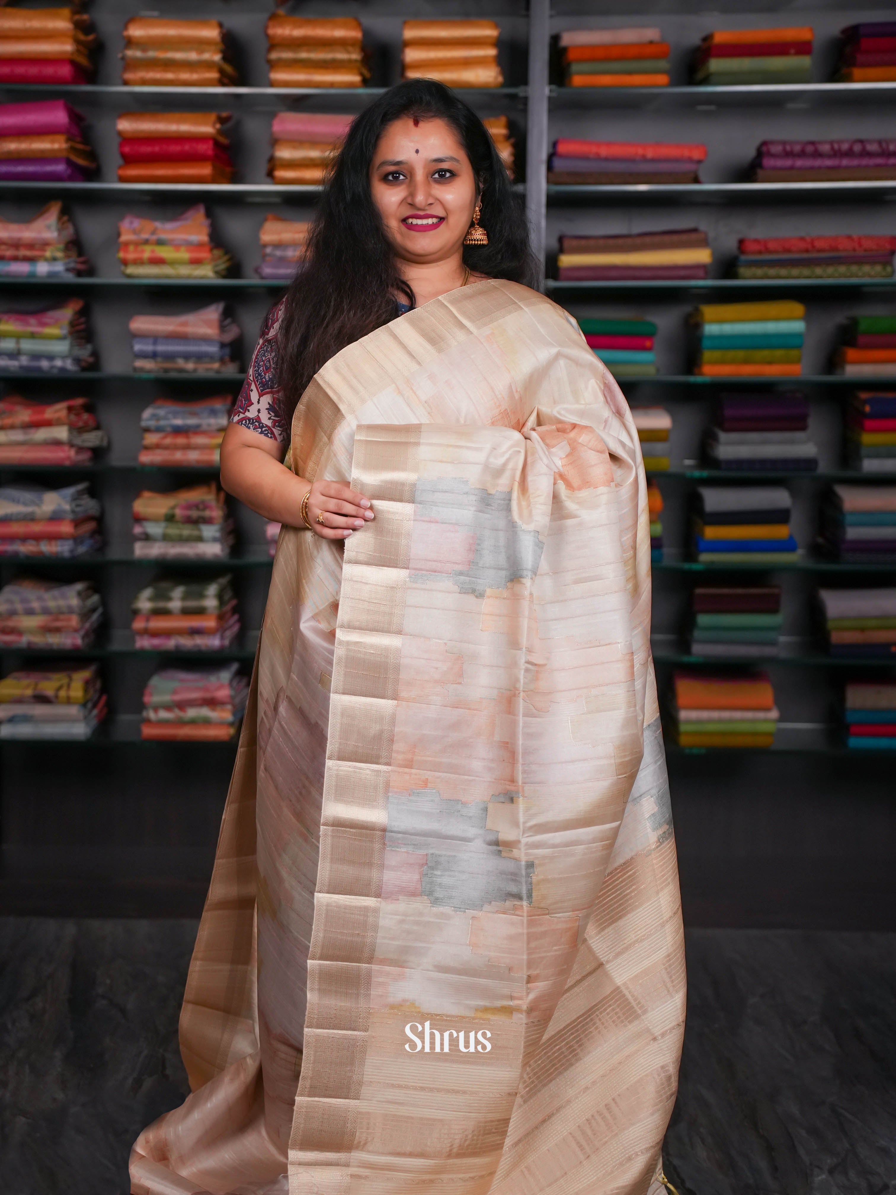 Beige - Moonga Silk Saree