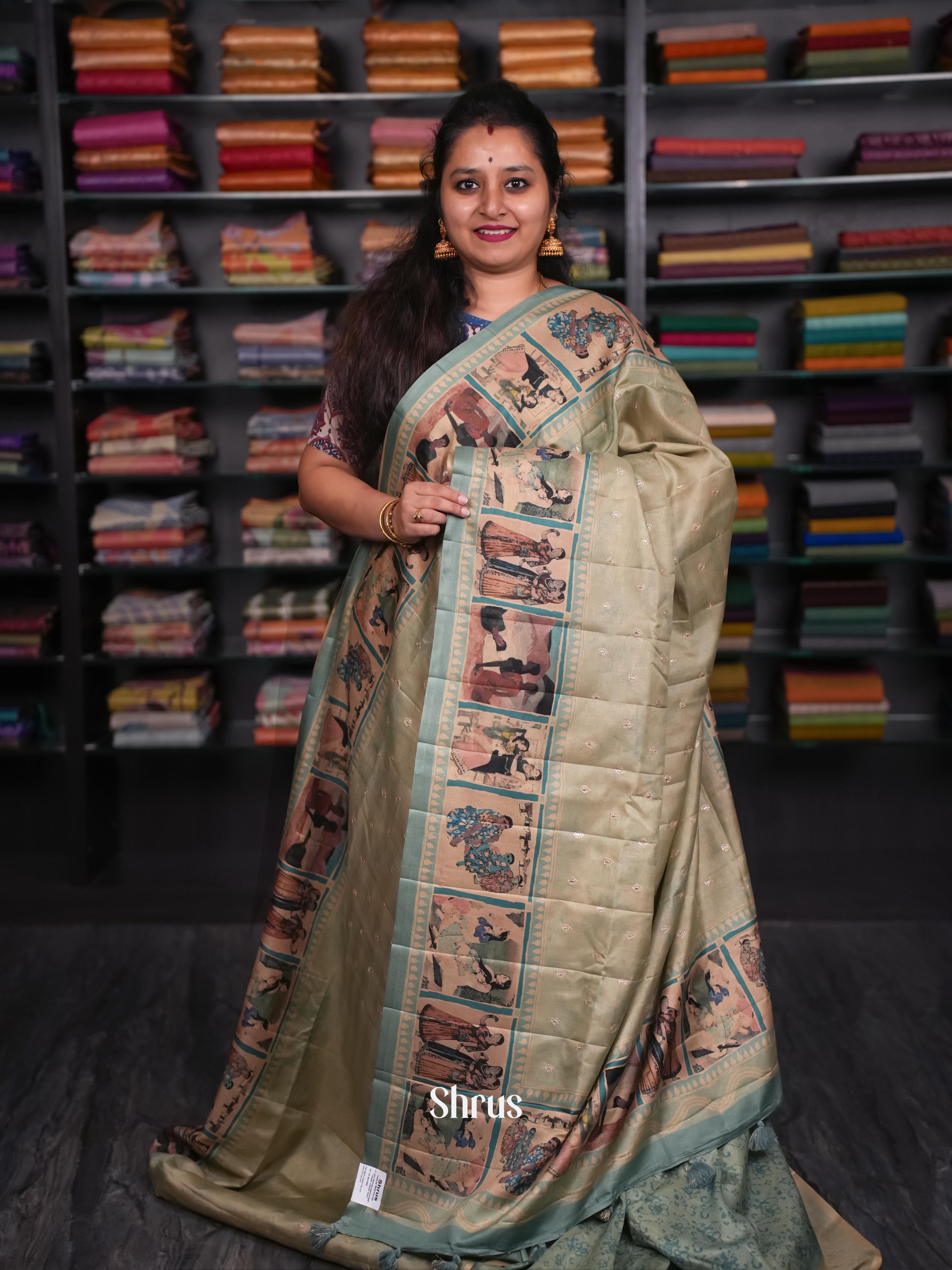 Grey & Teal - Moonga Silk Saree