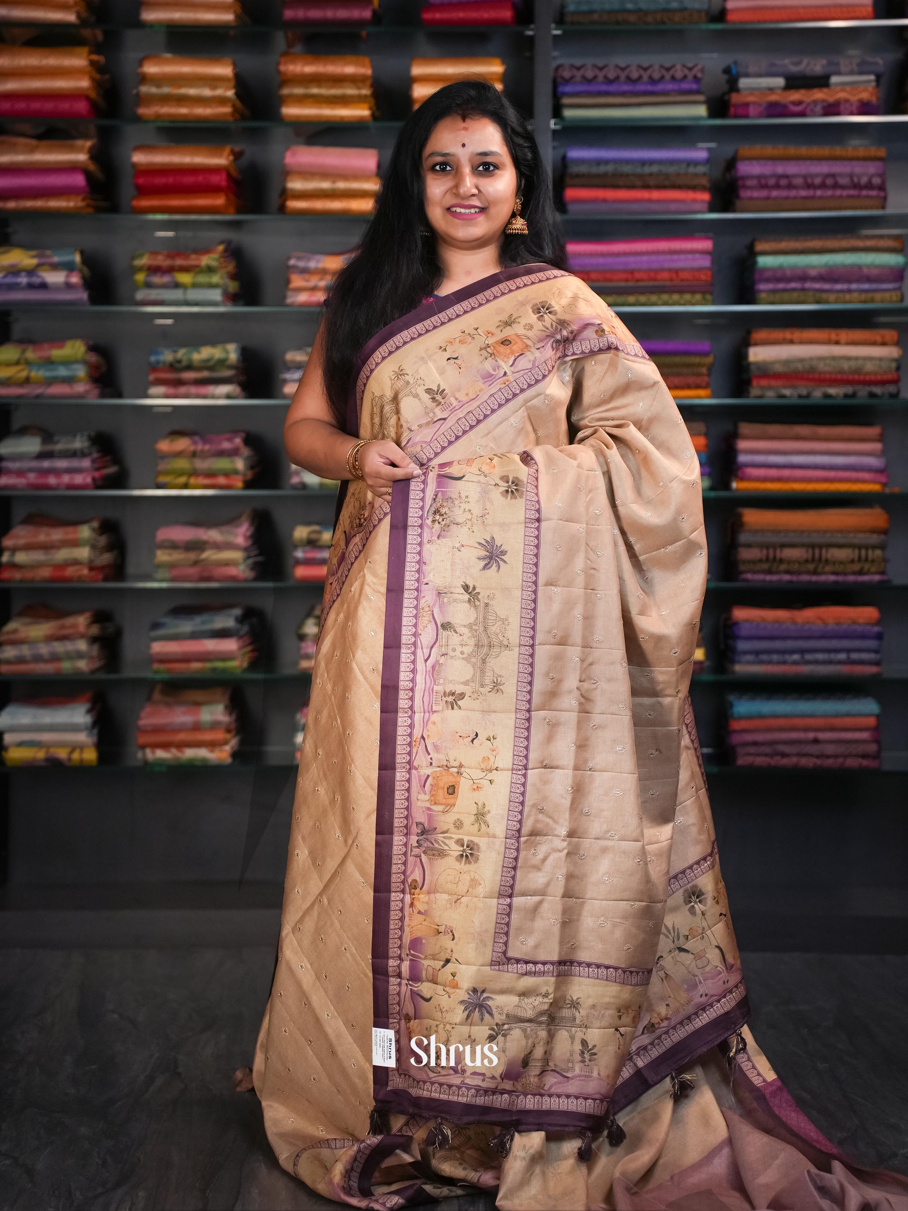 Yellow Olive Cream & Purple  - Moonga Silk Saree