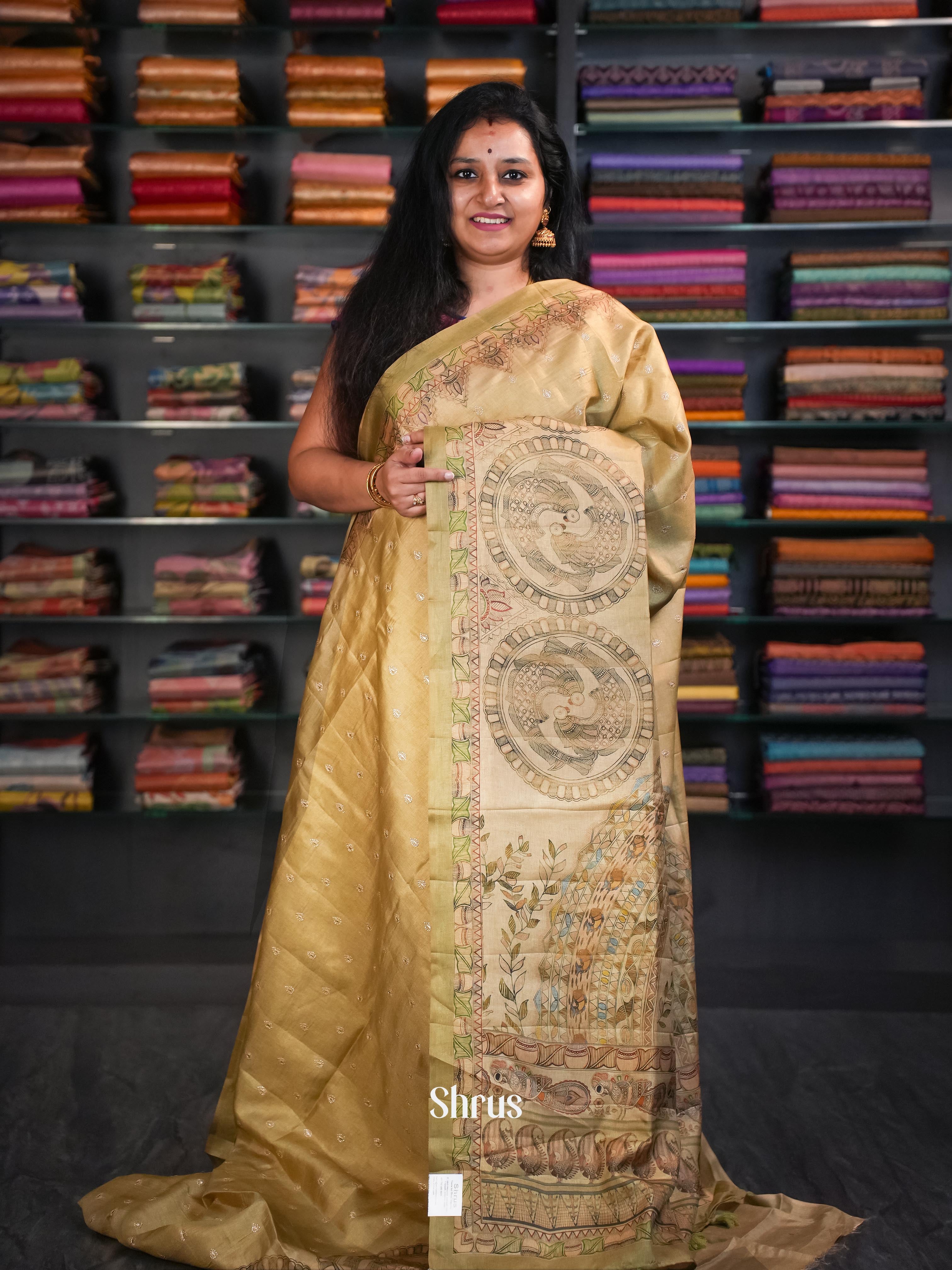 Dark Cream & Light Green - Moonga Silk Saree