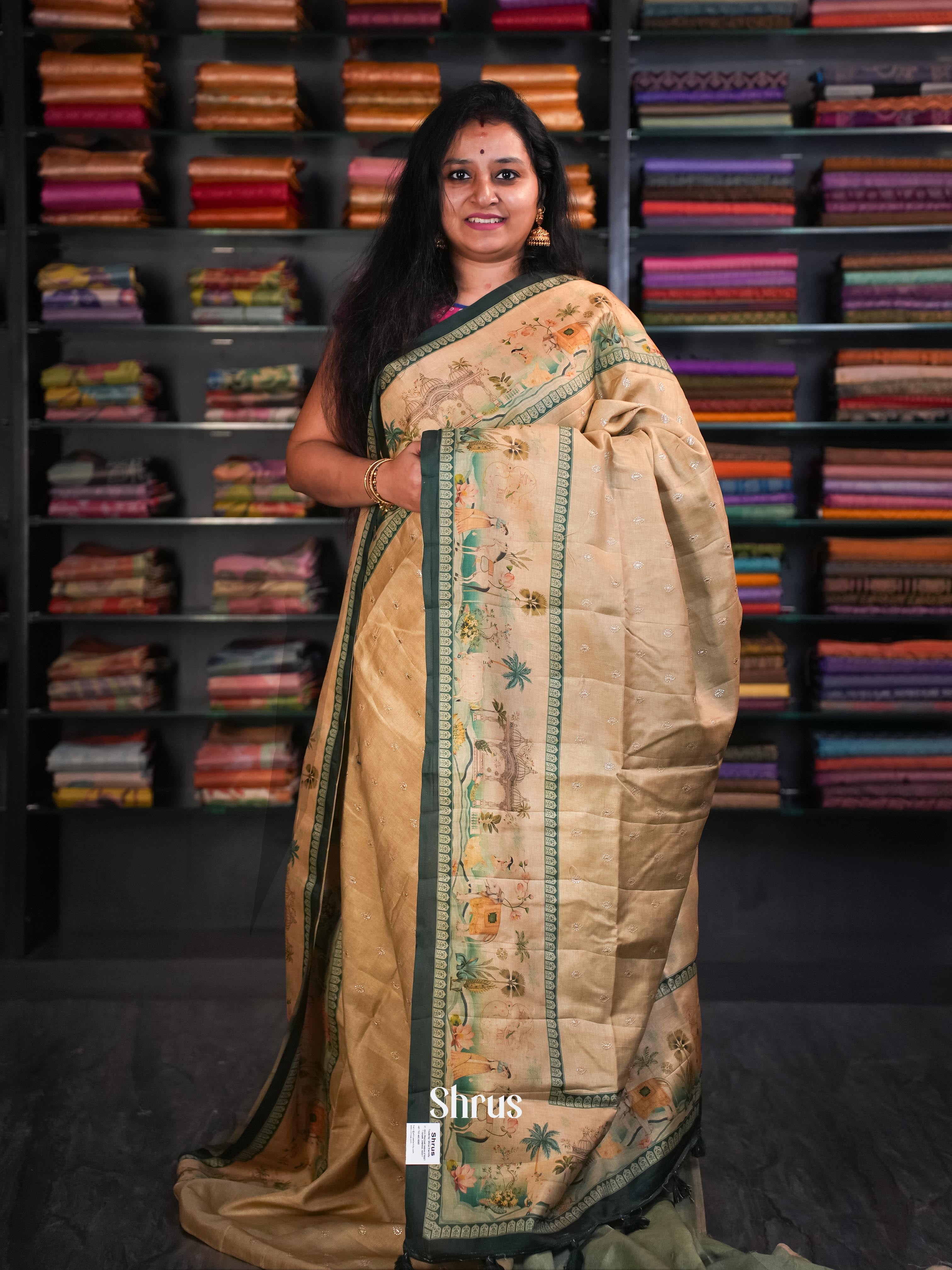 Dark Cream & Green  - Moonga Silk Saree