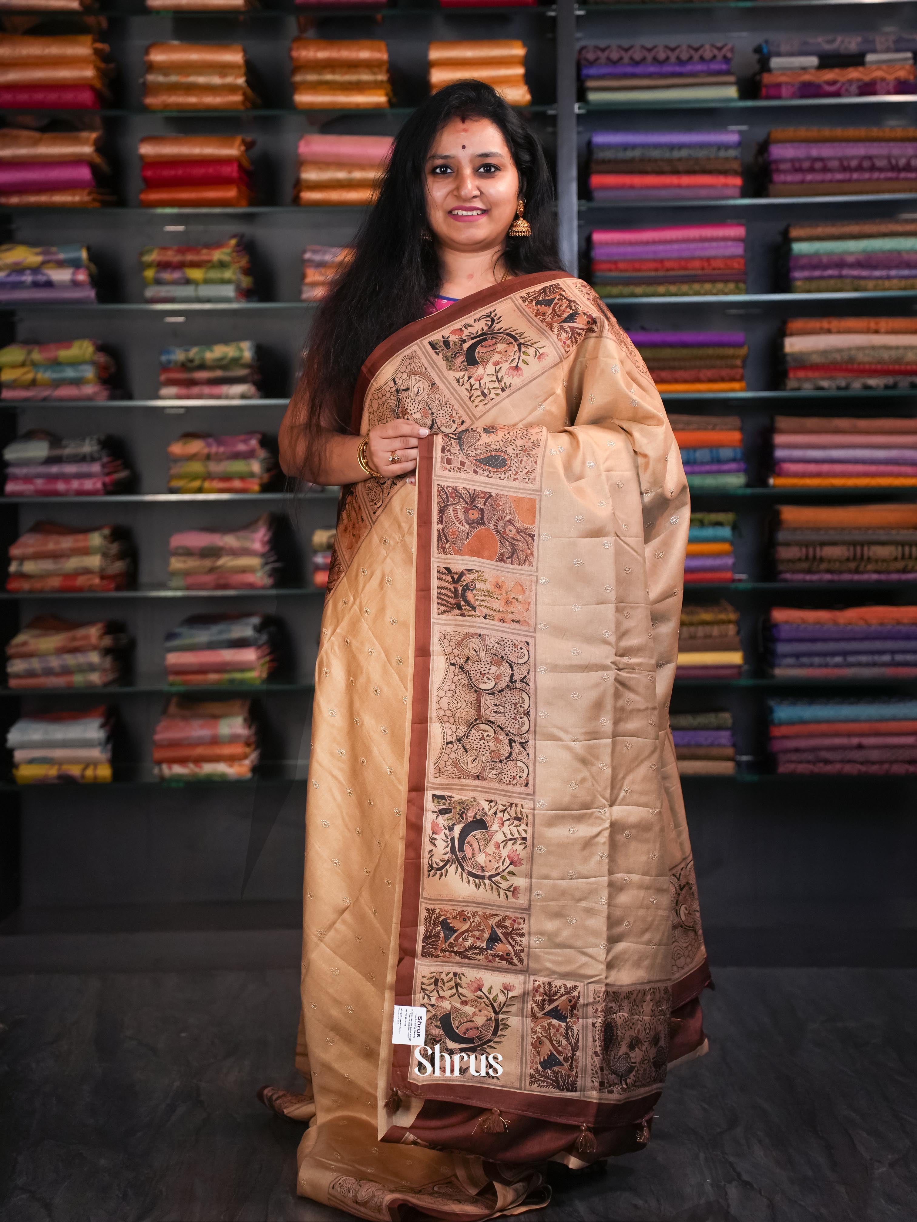 Dark Cream & Brown  - Moonga Silk Saree