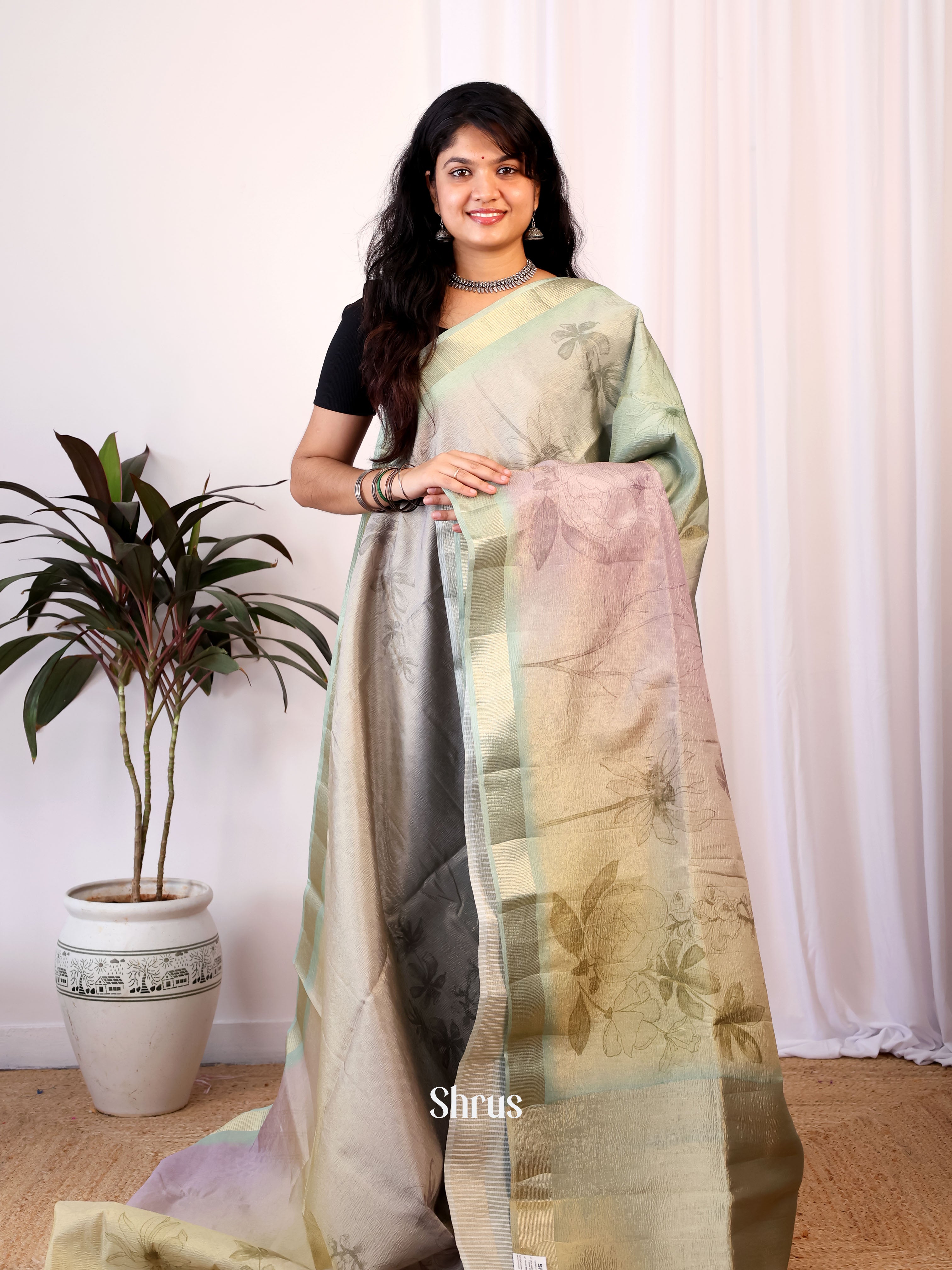 Green & Purple - Bamboo silk Saree