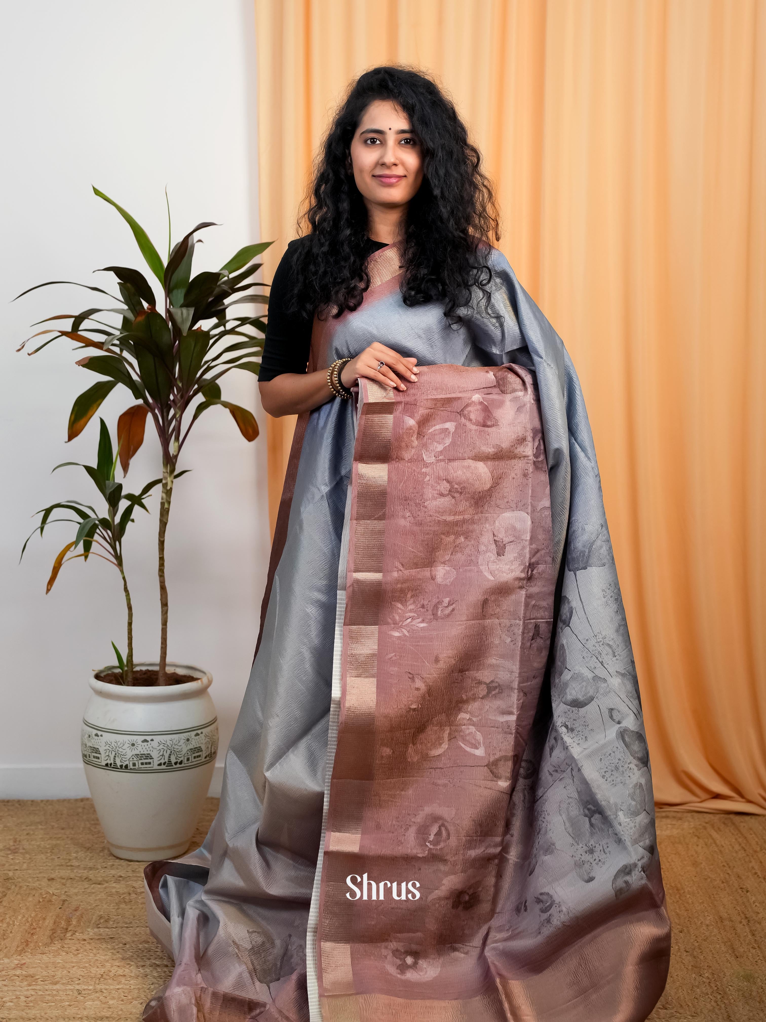 Grey & Brown - Bamboo silk Saree