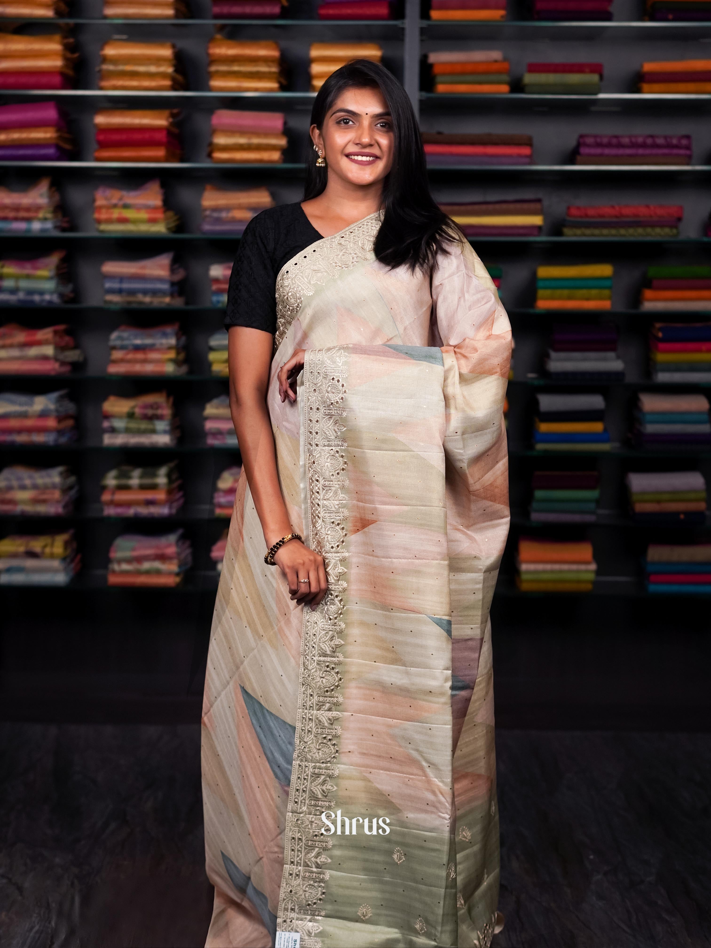 Cream & Green - Moonga silk Saree