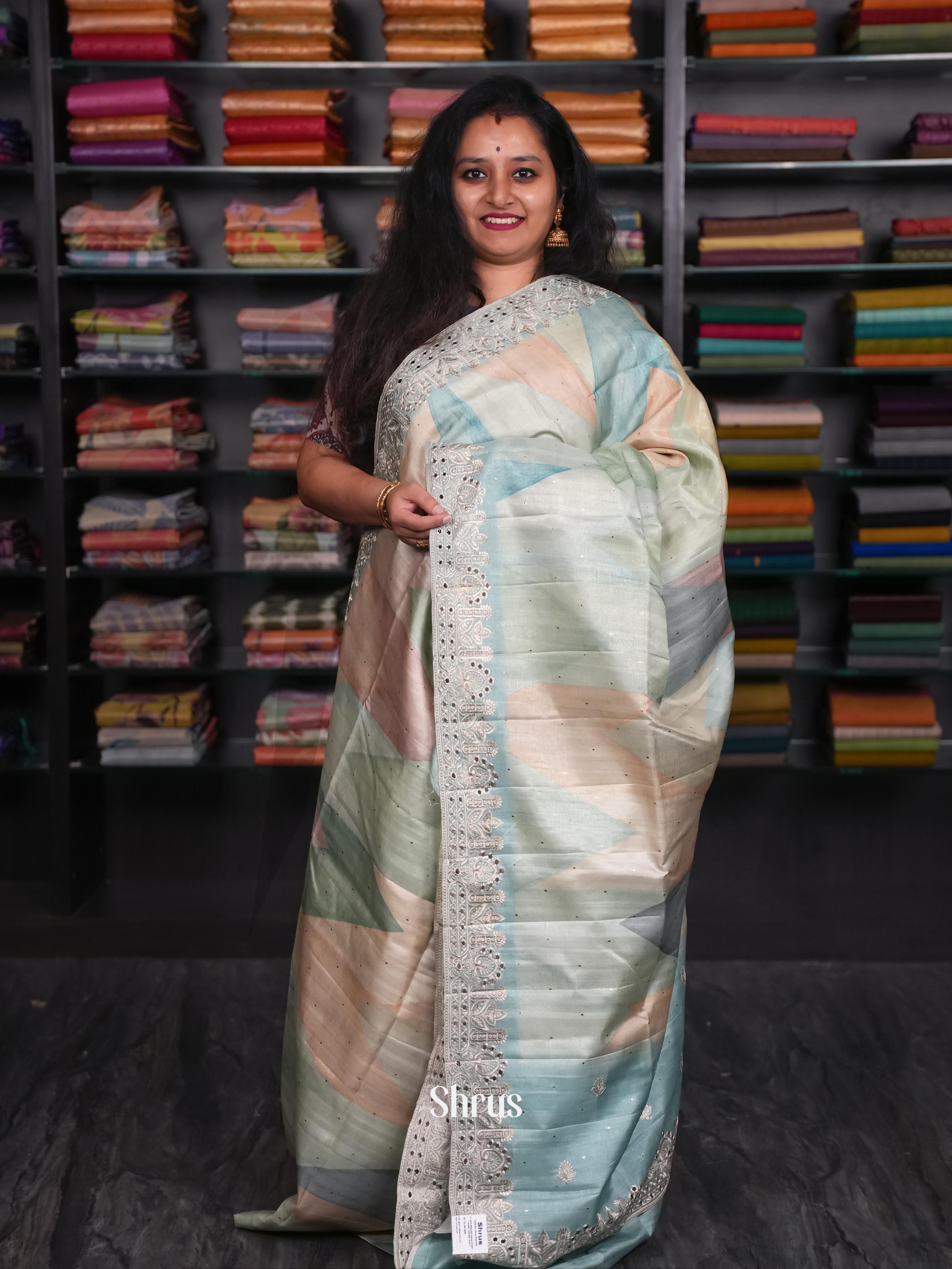 Pastel Green & Blue - Moonga Silk Saree