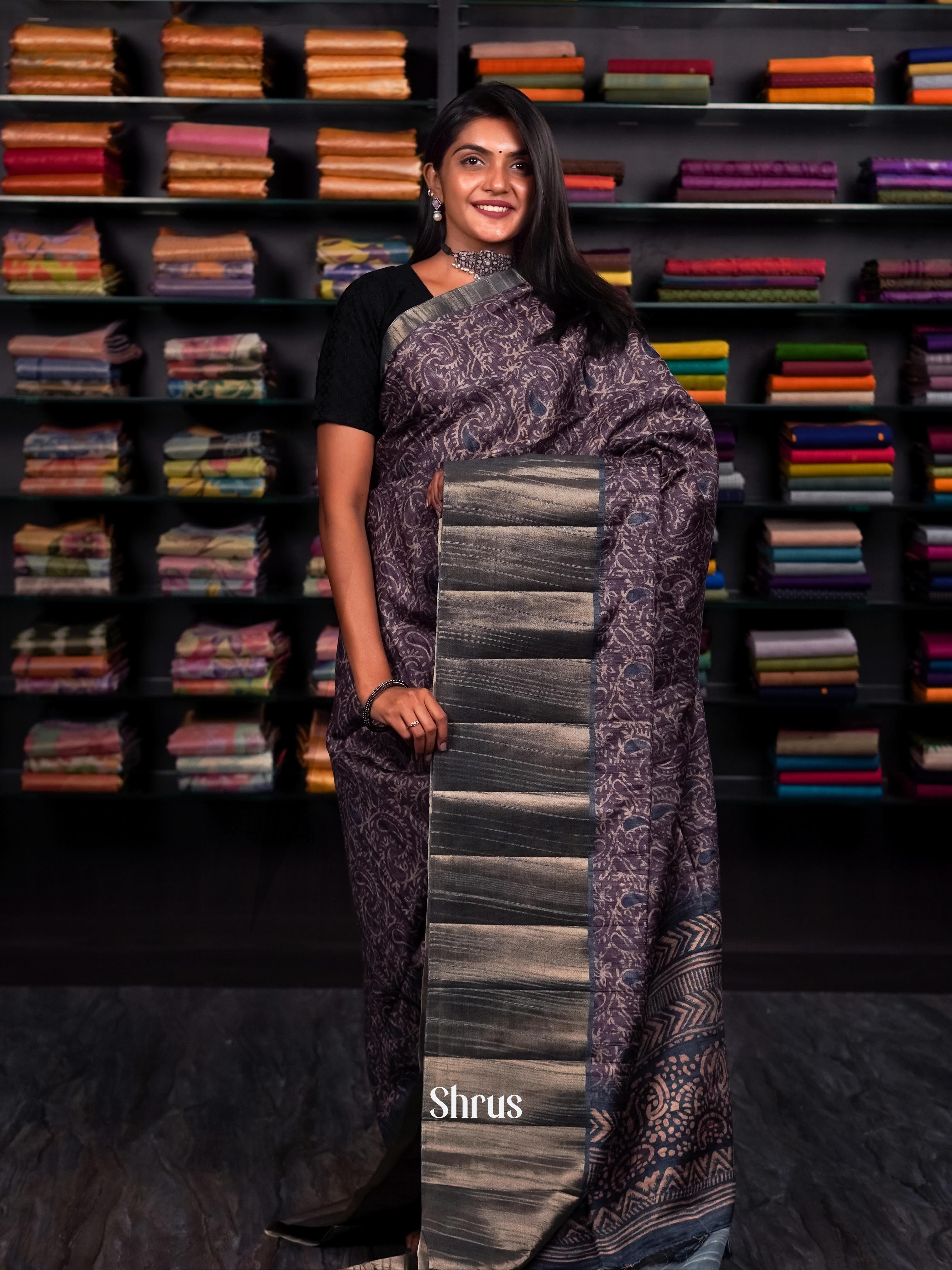 Grey & Deep Purple  - matka Cotton Saree