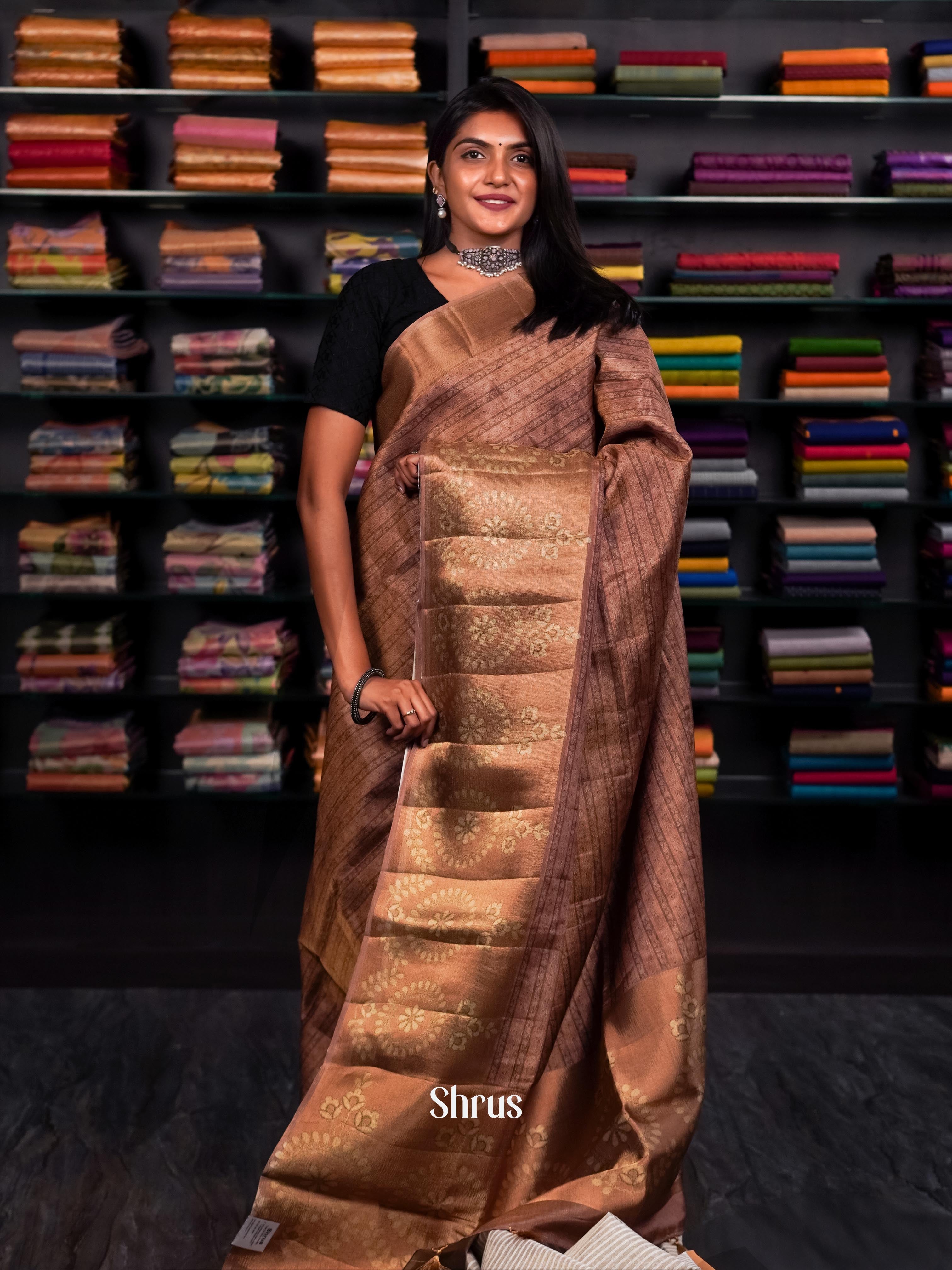 Glitterring Dark Brown - matka Cotton Saree