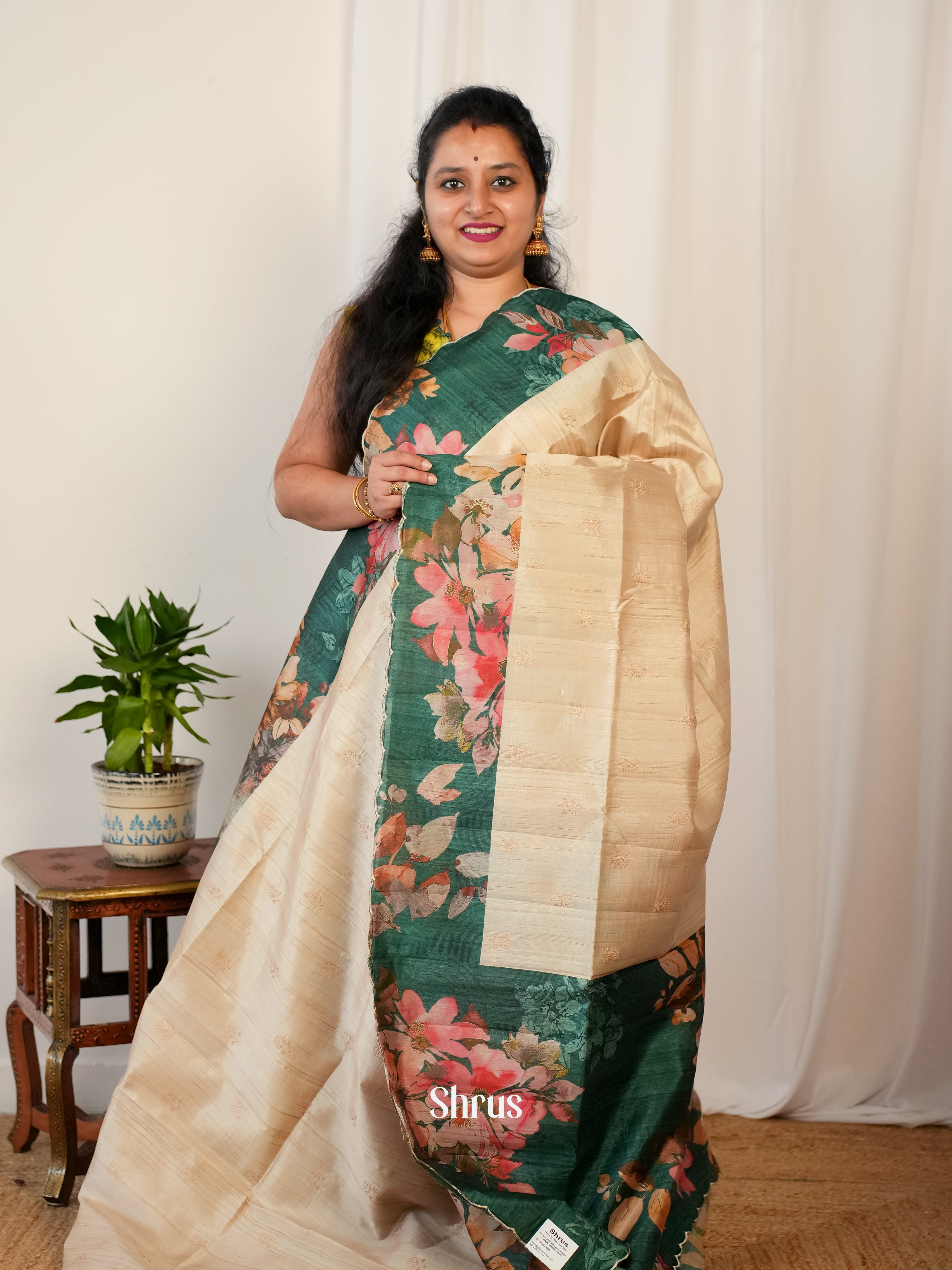 Cream & Green - Matka Cotton Saree