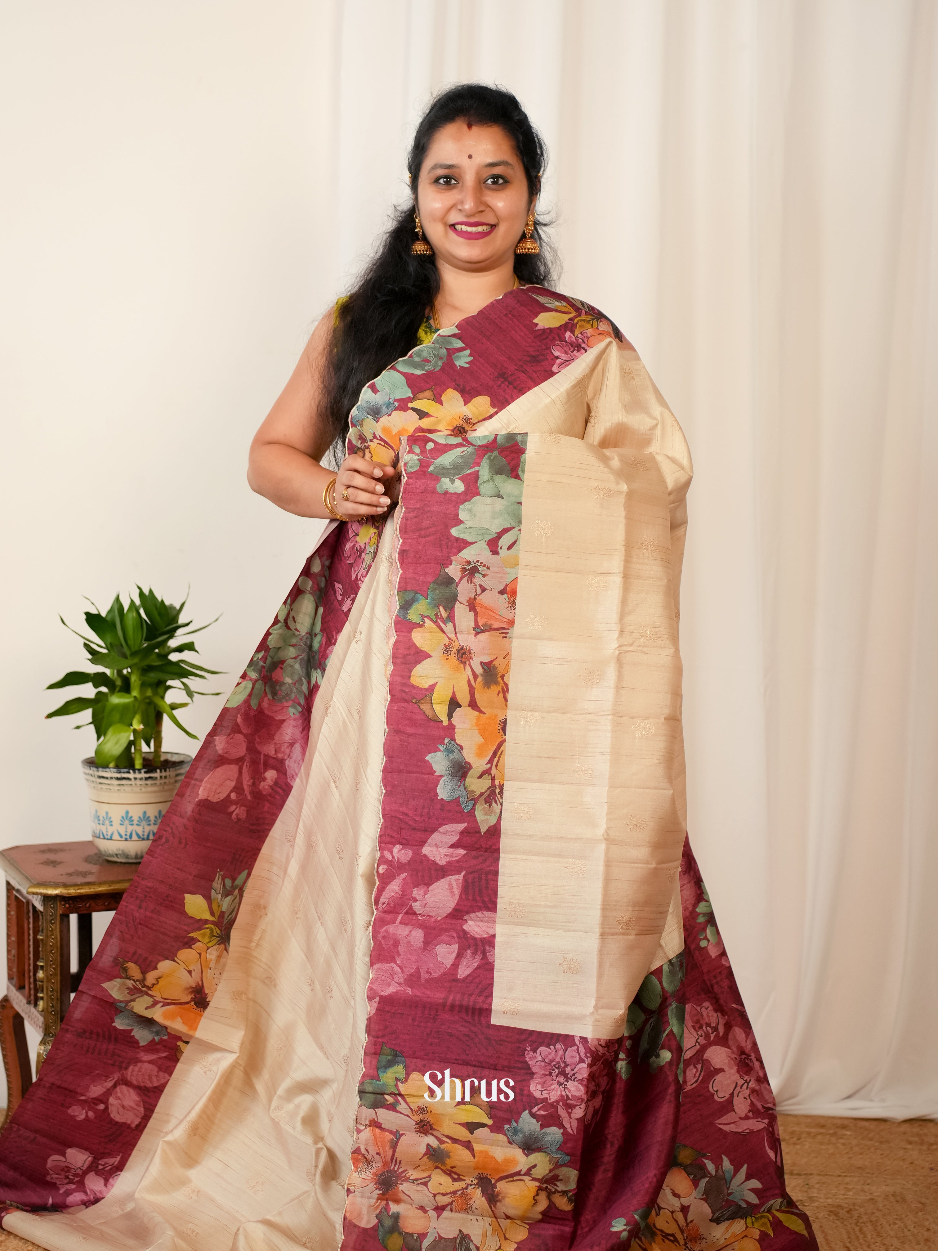 Cream & Maroon  - Matka Cotton Saree